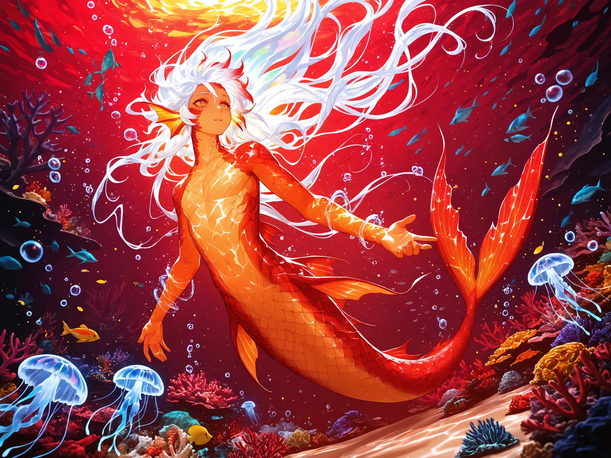 masterpiece, best quality, newest, dynamic angle, close up, ((male siren, mermen tail)), ((floating hair, swimming male siren, mermen)), swirling bubble effects, sea anemone decorations, glowing plankton particles, mystical ocean ambiance, crystal clear water, glowing jellyfish, underwater, ((colorful particles)), ((scaled, red, yellow, orange scales, glimmering scales, glowing scales)), messy hair, white hair, glowing hair, red highlights in hair, very long hair, ((underwater, bubbles, coral reef)), ((fish, underwater)), light particles, dynamic illustration, dramatic lighting, water splash effect