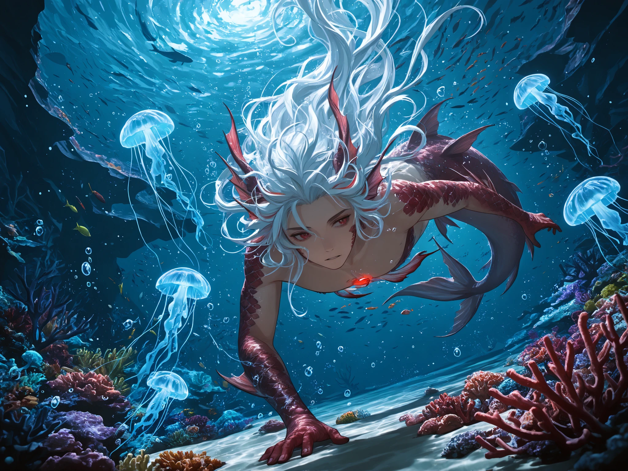 masterpiece, best quality, newest, dynamic angle, close up, ((male siren, mermen tail)), ((floating hair, swimming male siren, mermen)), swirling bubble effects, sea anemone decorations, glowing plankton particles, mystical ocean ambiance, crystal clear water, glowing jellyfish, underwater, blue water, ((colorful particles)), ((scaled, dark red scales)), messy hair, white hair, red highlights in hair, very long hair, ((underwater, bubbles, coral reef)), ((fish, underwater)), light particles, dynamic illustration, dramatic lighting, water splash effect