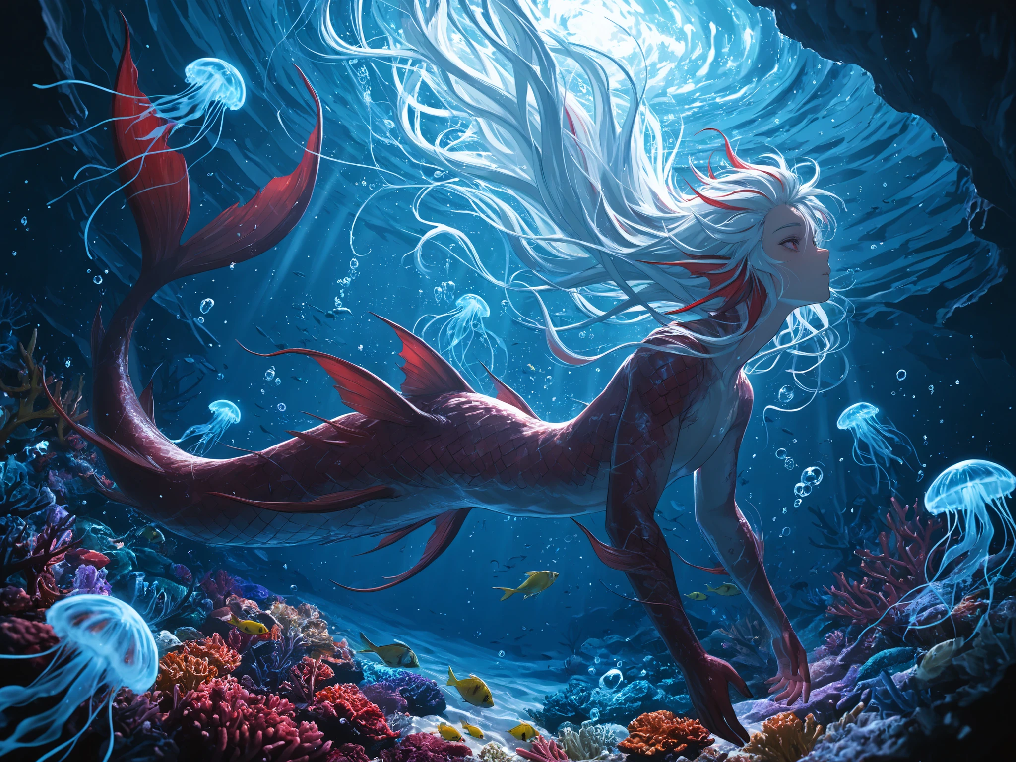 masterpiece, best quality, newest, dynamic angle, close up, ((male siren, mermen tail)), ((floating hair, swimming male siren, mermen)), swirling bubble effects, sea anemone decorations, glowing plankton particles, mystical ocean ambiance, crystal clear water, glowing jellyfish, underwater, blue water, ((colorful particles)), ((scaled, dark red scales)), messy hair, white hair, red highlights in hair, very long hair, ((underwater, bubbles, coral reef)), ((fish, underwater)), light particles, dynamic illustration, dramatic lighting, water splash effect