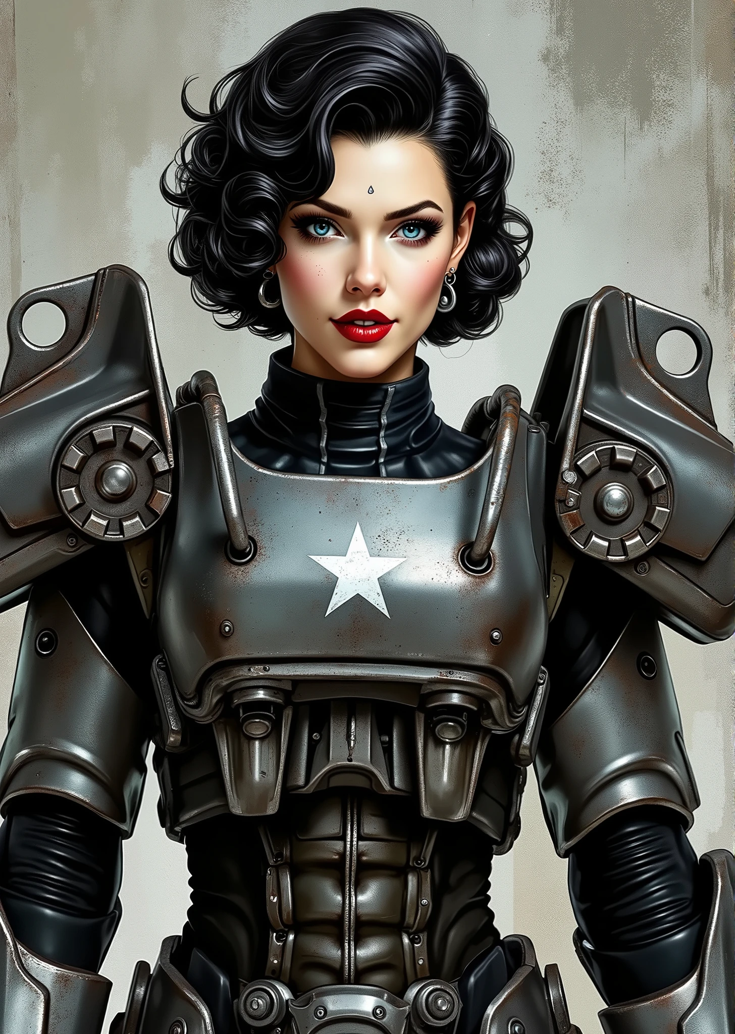 full body shot, armor, t60, robot, An extremely detailed comic book illustration depicting a stunningly beautiful character portrayed by youthful baby faced Gene Tierney nineteen years old wearing a retro 50s T-60 power armor mechanized combat suit from the Fallout Video Game setting the armor features a dark metallic exterior with black interior padding with an emblem on the chest plate showing what appears to be a star in white paint suggesting this might be part of a military or faction insignia the armor has a distinctive design with various mechanical components plates and joints visible the character is framed within the bulky armor which has a worn utilitarian aesthetic typical of post-apocalyptic or military science fiction settings with the helmet off to reveal her face whose overall look combines vintage pin-up with modern Rockabilly fashion and alternative accessories in a 50s meets the post apocalypse vibe wearing bold classic red lipstick caked on white foundation making her appear incredibly pale in a classic vintage-style makeup with defined eyebrows and dramatic eye makeup with a short black curled hairstyle with vintage 1950s-inspired waves and voluminous styling typical of the era whose cut and styling are reminiscent of classic 1950s pin-up glamour meets alternative fashion with tattoos piercings and alternative accessories in an art style inspired by Frank Miller and Conan the Barbarian. She has an expression between kind and confident. Her blue eyes are warm and her smile is motherly and compassionate. The background is awash in brushstrokes in shades of concrete grey. The level of detail and the emotive, expressive quality of the character's face create a compelling almost cinematic portrait of a complex multifaceted individual. The image evokes a sense of strength, compassion, and a desire to protect her people, making the subject a visually striking and captivating heroic figure. Standing in a dynamic action pose. Trending on Art Station.