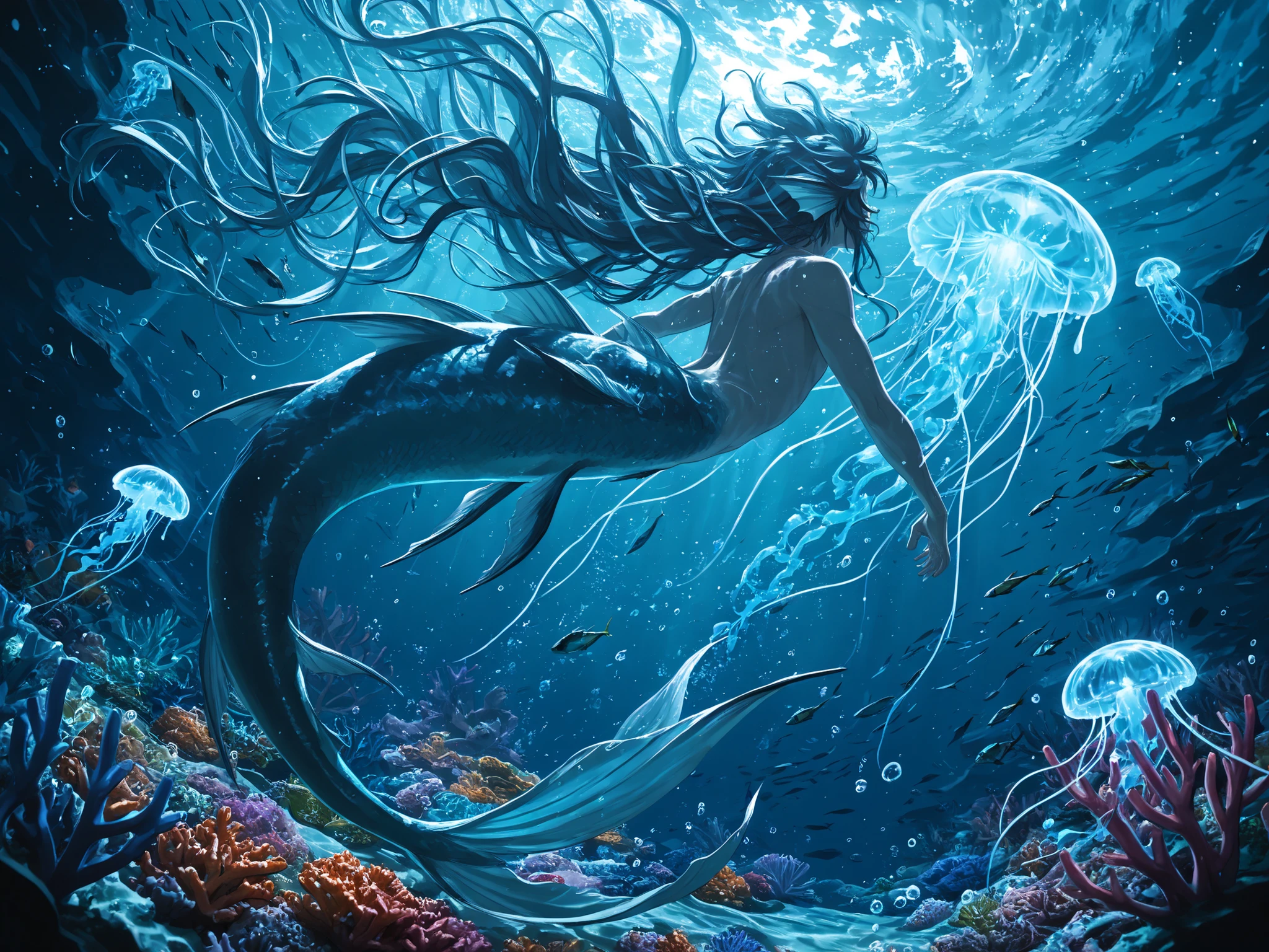 masterpiece, best quality, newest, dynamic angle, ((male siren, mermen tail)), ((floating hair, swimming male siren, mermen)), swirling bubble effects, sea anemone decorations, glowing plankton particles, mystical ocean ambiance, crystal clear water, glowing jellyfish, underwater, blue water, ((colorful particles)), ((scaled)), messy hair, very long hair, ((underwater, bubbles, coral reef)), ((fish, underwater)), light particles, dynamic illustration, dramatic lighting, water splash effect
