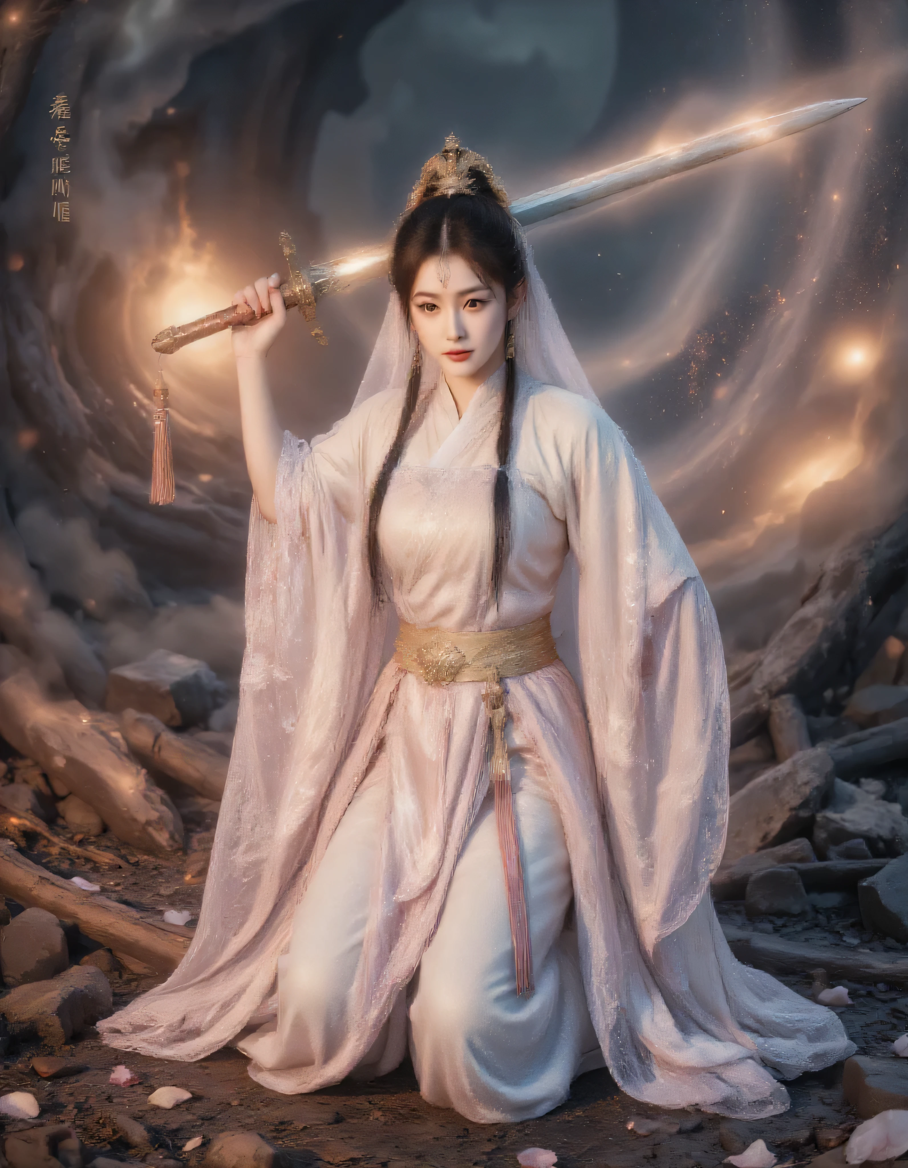 (masterpiece after sex, best quality, DSYS Super East, South, West, and North:1.3), A stunning Chinese female special forces Glory Star Lord,Ancient costume fairy drama《Canglan tips》Styled,Played by mainland Chinese female actress Chen Duling。Resembling Chen Duling, Dressed in a blood-stained white robe, Wearing a golden tassel hairpin and an exquisite, transparent veil, Veil and black hair flutter in the wind, Through the thin fabric, her eyes, full of pity and determination, can be seen, A trace of blood on the corner of her lips。She half-knelt on the ruined battlefield,Left hand supports the sword to steady the body,Right hand holds high a glowing long sword,The blade sliced through the air, splashing blood and petals,Robe flutters in the wind,A fairy mist lingers behind her,The film lights show dramatic motion blur,Exuding a mysterious and ethereal fairy spirit and tragic beauty