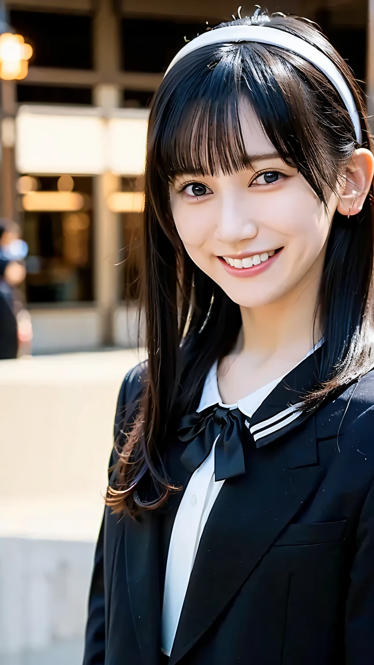 1 girl, Japanese High School Girls, (black blazer uniform), ((Walking the streets of Shibuya)), (white headband),((Smile Yan))masterpiece, Highest Quality, Highest Quality, Movie Lighting, ( stereo lighting ), very detailed CG unity 8kの壁紙, Concentrated, very detailed, overexpressed , photorealistic, sharp concentration, (high resolution:1.2), (high contrast with a superlative smile), Unlock the size of the photo, detailed and complex, Instagram, portrait, very detailed, Digital Painting, Art Station, Concept Art, Smooth, sharp concentration, illustration, Movie Lighting, ((:1.6))
