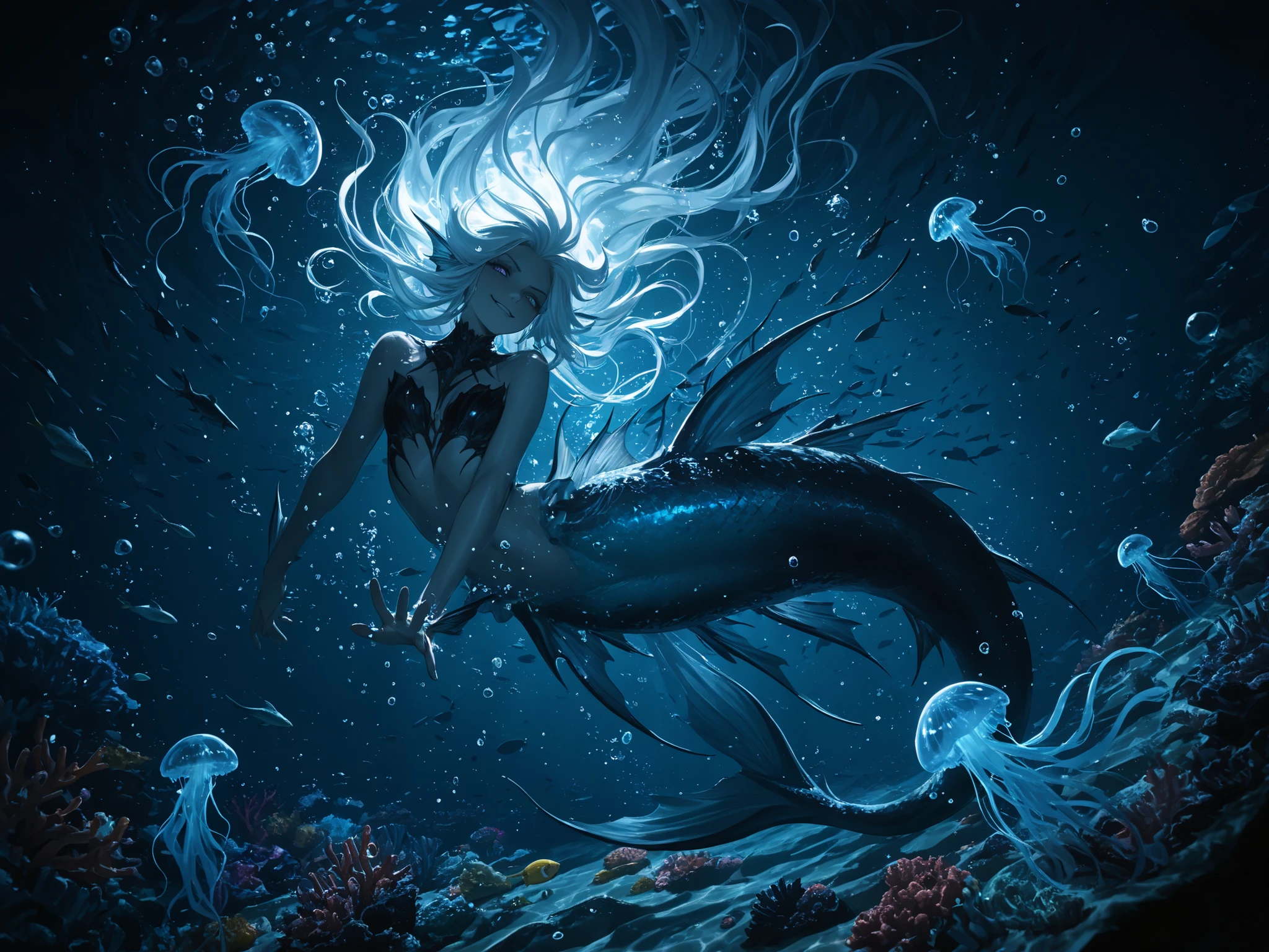 masterpiece, best quality, newest, dynamic angle, ((male siren, mermen tail)), ((floating hair, swimming male siren, mermen)), swimming towards the viewer, looking towards the viewer, swirling bubble effects, sea anemone decorations, glowing plankton particles, dark, eery atmosphere, evil predator like smirk, mystical ocean ambiance, crystal clear water, glowing jellyfish, underwater, blue water, ((colorful particles)), ((black scaled)), long hair, white hair, ((underwater, bubbles, coral reef)), ((fish, underwater)), light particles, dynamic illustration, dramatic lighting, water splash effect