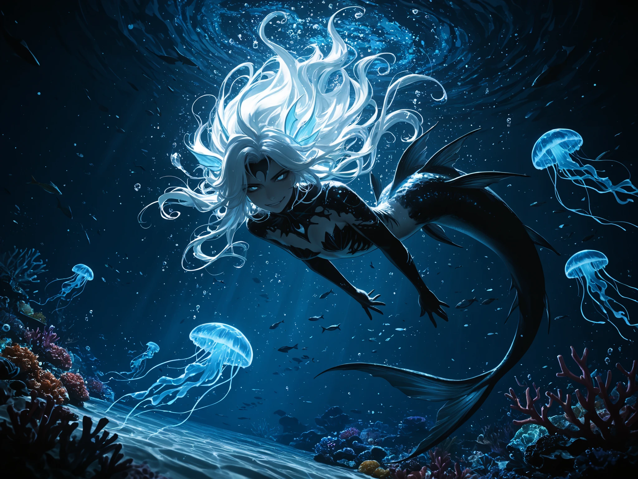 masterpiece, best quality, newest, dynamic angle, ((male siren, mermen tail)), ((floating hair, swimming male siren, mermen)), swimming towards the viewer, looking towards the viewer, swirling bubble effects, sea anemone decorations, glowing plankton particles, dark, eery atmosphere, evil predator like smirk, mystical ocean ambiance, crystal clear water, glowing jellyfish, underwater, blue water, ((colorful particles)), ((black scaled)), long hair, white hair, ((underwater, bubbles, coral reef)), ((fish, underwater)), light particles, dynamic illustration, dramatic lighting, water splash effect