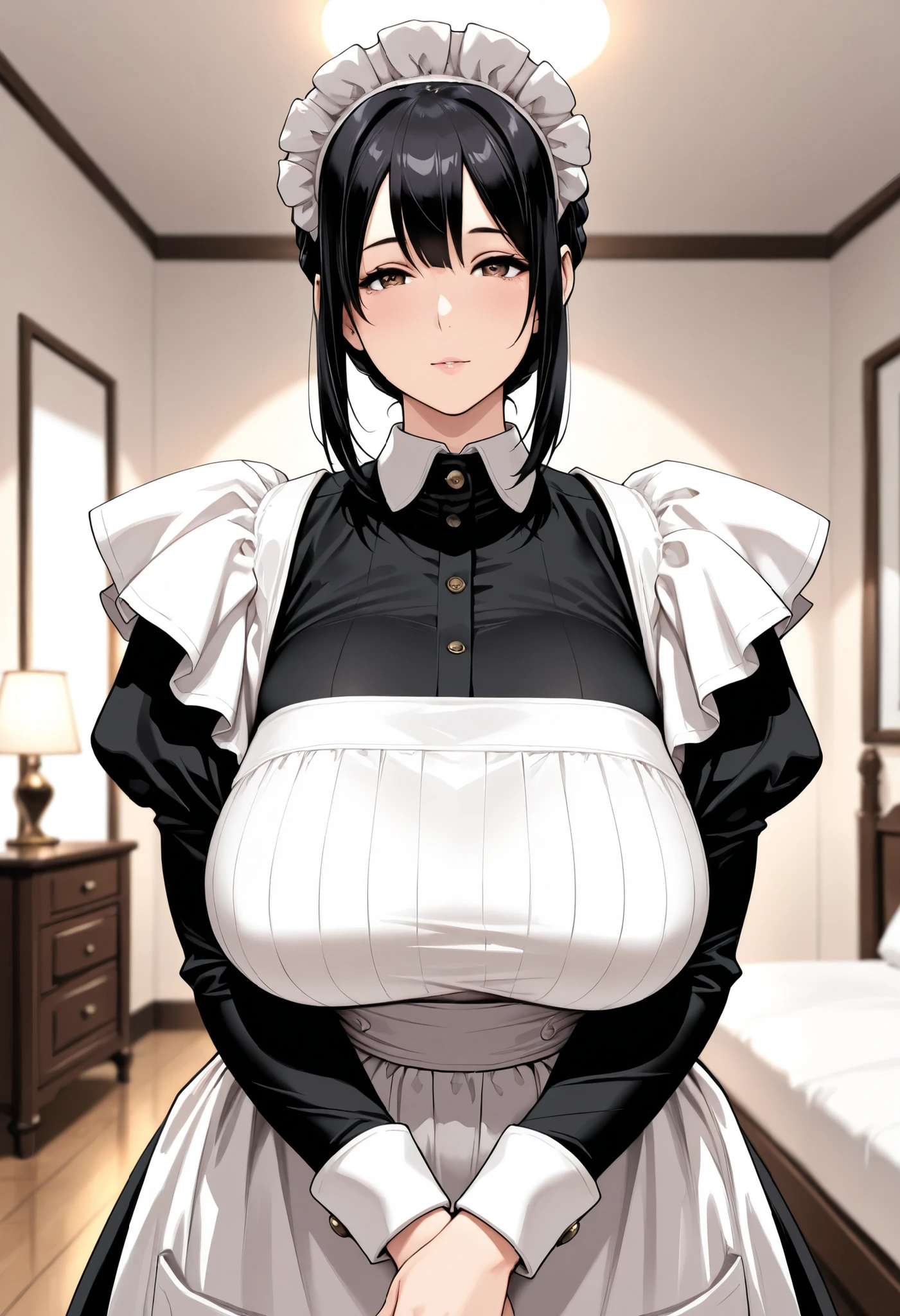 Misato Kanako, (maid clothes:1.2), 1girl, 35 year old Japanese woman, tall, (black hair:1.5), (Boring bangs:1.1), solo, beautiful character design, perfect contrast, Anatomically Accurate, (pointy breasts:1.0, saggy huge breasts:1.1), Looking at viewer, beautiful delicate eyes, expressive eyes, brown eyes, in the living room, (masterpiece, Hi-Res, very high resolution, 8k, Super Detailed, Highest Quality, anime:1.2)
