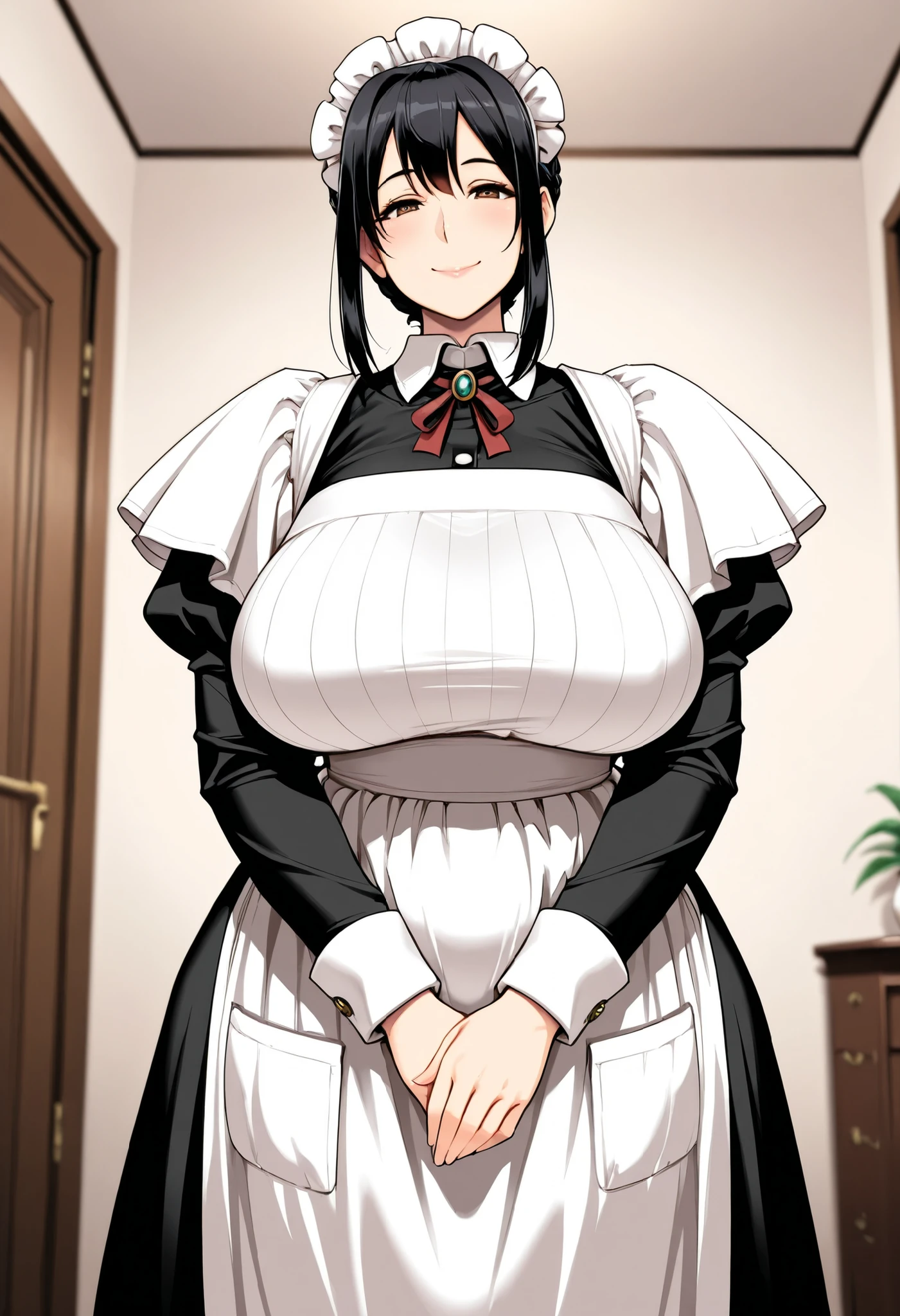 Misato Kanako, (maid clothes:1.2), 1girl, 35 year old Japanese woman, tall, (black hair:1.5), (Boring bangs:1.1), solo, beautiful character design, perfect contrast, Anatomically Accurate, (pointy breasts:1.0, saggy huge breasts:1.1), Looking at viewer, beautiful delicate eyes, expressive eyes, brown eyes, Smile, in the living room, (masterpiece, Hi-Res, very high resolution, 8k, Super Detailed, Highest Quality, anime:1.2), (from the side:1.2)