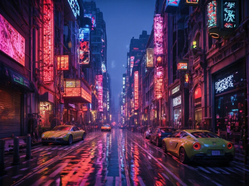 Cinematic rainy cyberpunk city street at night, neon signs glowing ...