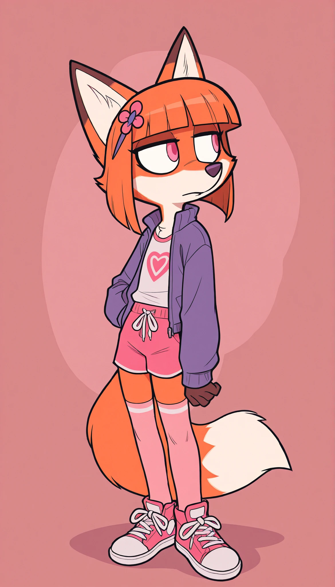 masterpiece:1, best quality:1, amazing quality:1.5, very aesthetic:1.5, absurdres:1.5, newest, thick outline, black outline,
Vivian, 1girl, solo, furry, furry female, fox ears, animal ears, bangs, blunt bangs, two-tone fur, tail, fox tail, shirt, hair ornament, thighhighs, open clothes, jacket, purple jacket, long sleeves, pink shorts, shoes, young, short body, short stature, big head, pink eyes,