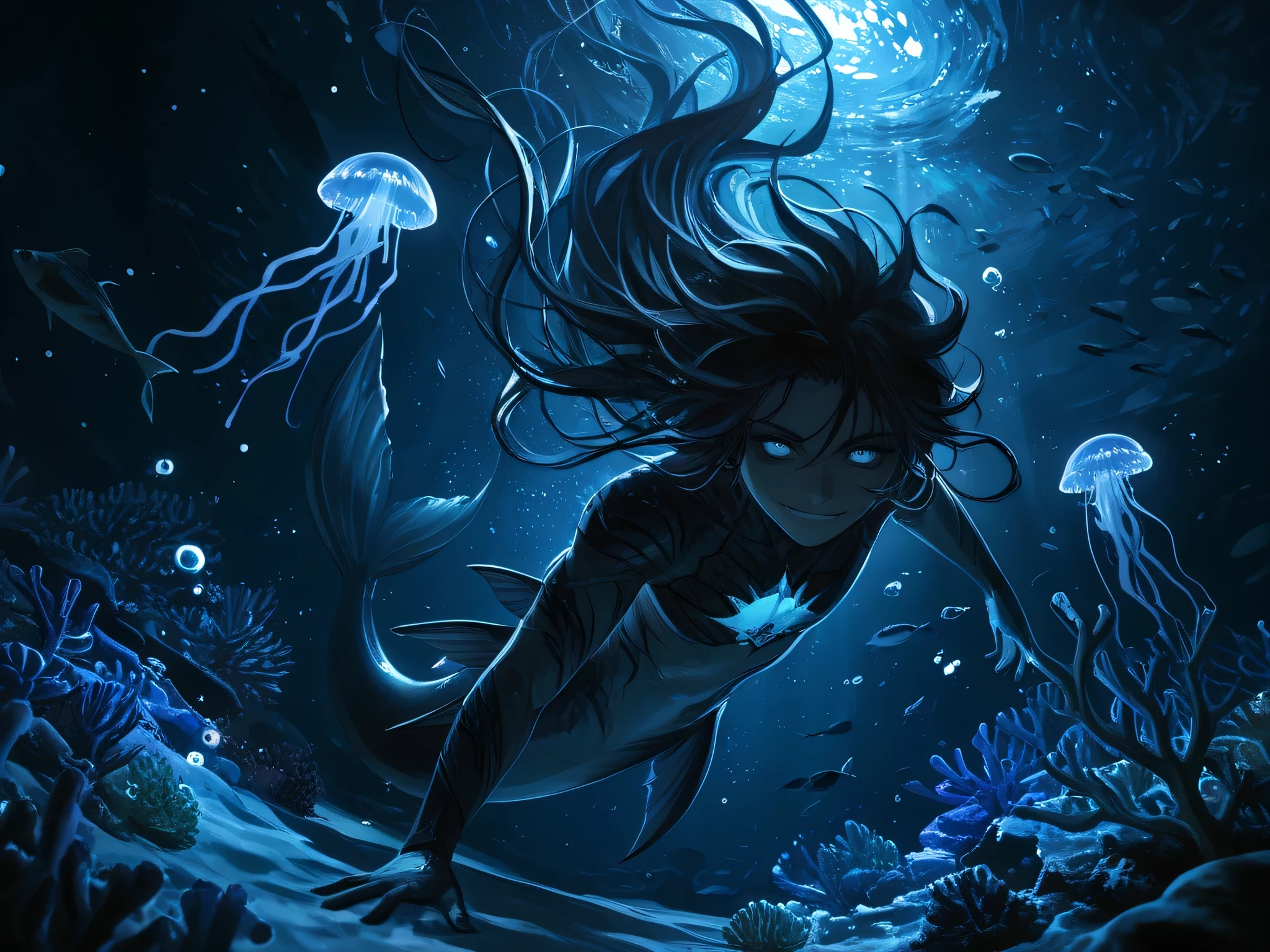 masterpiece, best quality, newest, dynamic angle, ((male siren, mermen tail)), ((floating hair, swimming male siren, mermen)), swimming towards the viewer as if ready to attack the viewer, swirling bubble effects, sea anemone decorations, glowing plankton particles, dark, eery atmosphere, evil predator like smile, mystical ocean ambiance, crystal clear water, glowing jellyfish, underwater, blue water, ((colorful particles)), ((black scaled)), messy hair, very long hair, black hair, ((underwater, bubbles, coral reef)), ((fish, underwater)), light particles, dynamic illustration, dramatic lighting, water splash effect