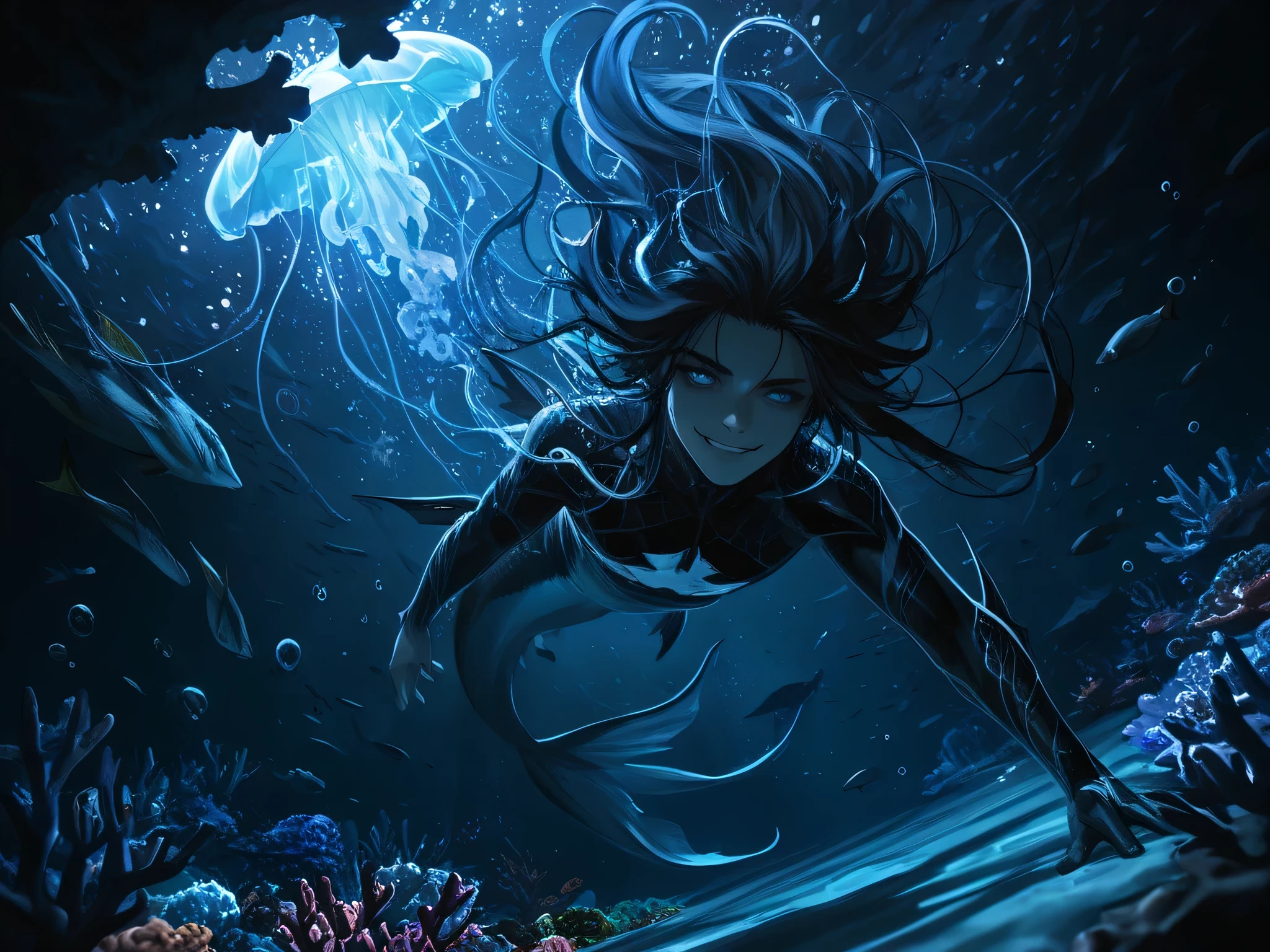 masterpiece, best quality, newest, dynamic angle, ((male siren, mermen tail)), ((floating hair, swimming male siren, mermen)), swimming towards the viewer as if ready to attack the viewer, swirling bubble effects, sea anemone decorations, glowing plankton particles, dark, eery atmosphere, evil predator like smile, mystical ocean ambiance, crystal clear water, glowing jellyfish, underwater, blue water, ((colorful particles)), ((black scaled)), messy hair, very long hair, black hair, ((underwater, bubbles, coral reef)), ((fish, underwater)), light particles, dynamic illustration, dramatic lighting, water splash effect