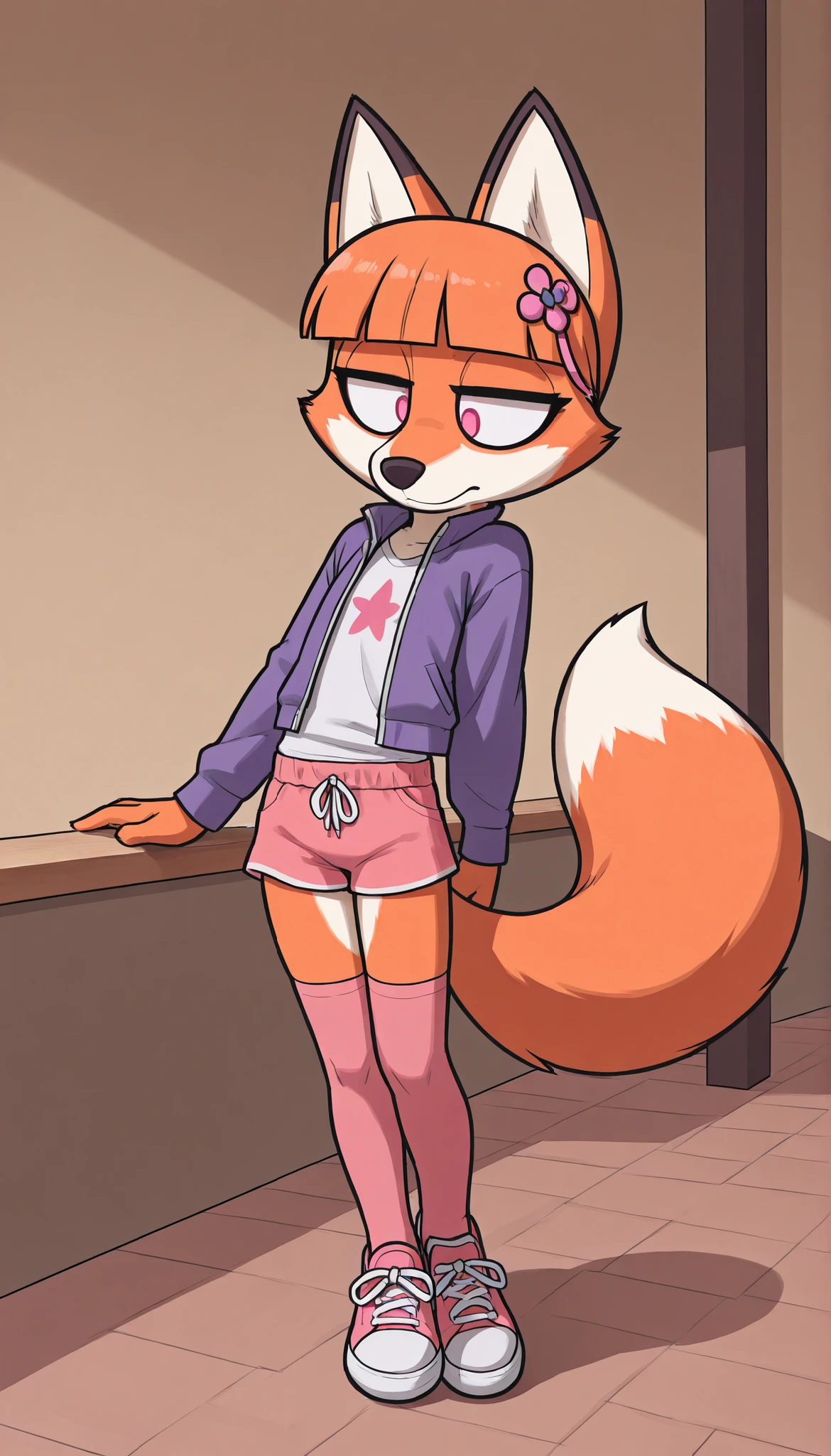 score_9, score_8_up, score_7_up, 1girl, solo, masterpiece:1, best quality:1, amazing quality:1.5, very aesthetic:1.5, absurdres:1.5, newest, thick outline, black outline,
Vivian, 1girl, solo, furry, furry female, fox ears, animal ears, bangs, blunt bangs, two-tone fur, tail, fox tail, ((shirt, hair ornament, thighhighs, open clothes, jacket, purple jacket, long sleeves, pink shorts, shoes)), (very skinny:1.0), (Small, Short:1.1), (young cub:1.2), pink eyes,