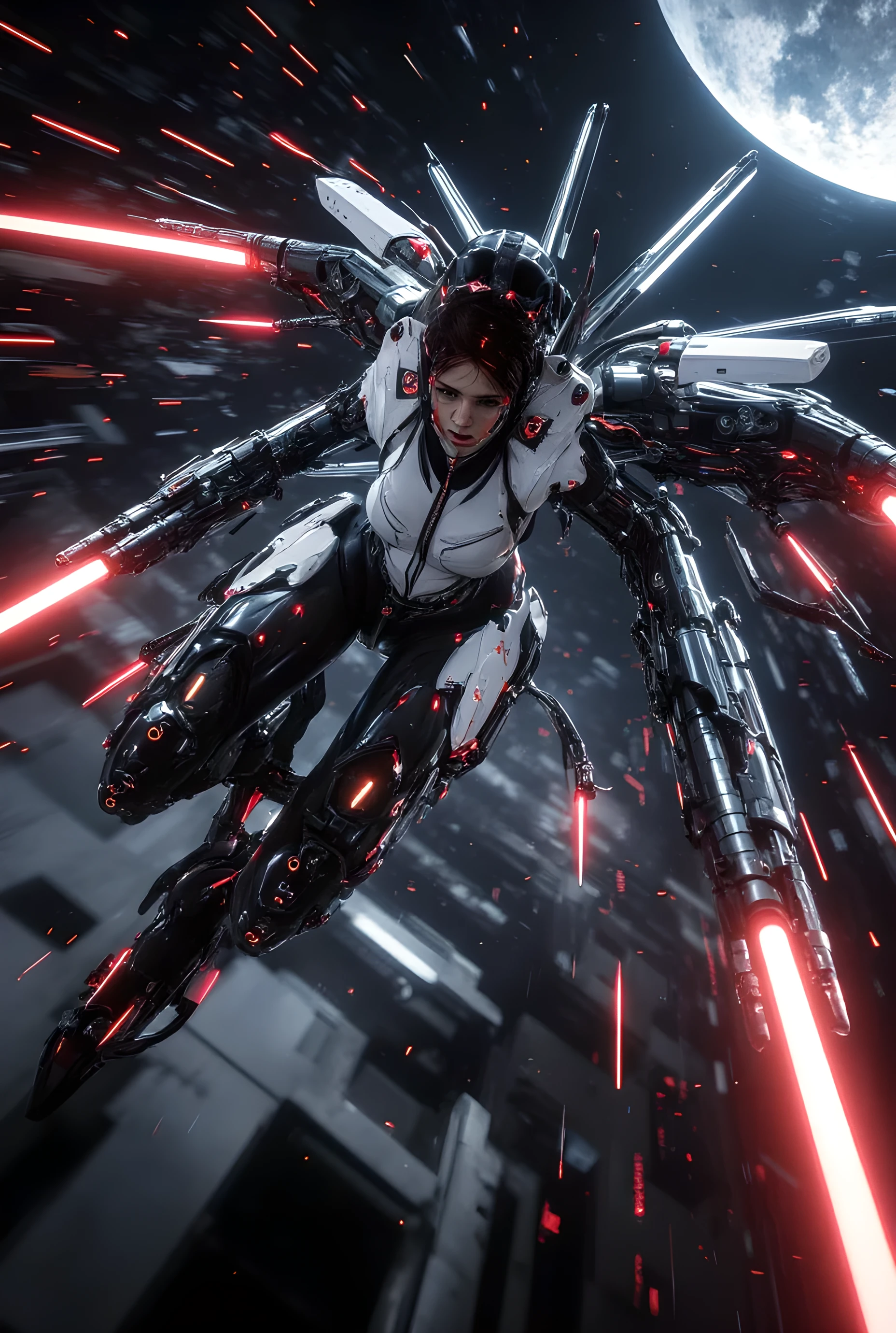 A Unity-style photorealistic girl in high-speed battle, flying with dynamic poses, wielding huge double-arm cannons and shoulder-mounted laser beams. Glossy effects, ultra-high density resolution (124k). Cinematic lighting with vivid contrasts and shadows. Above-moon background, raw style.