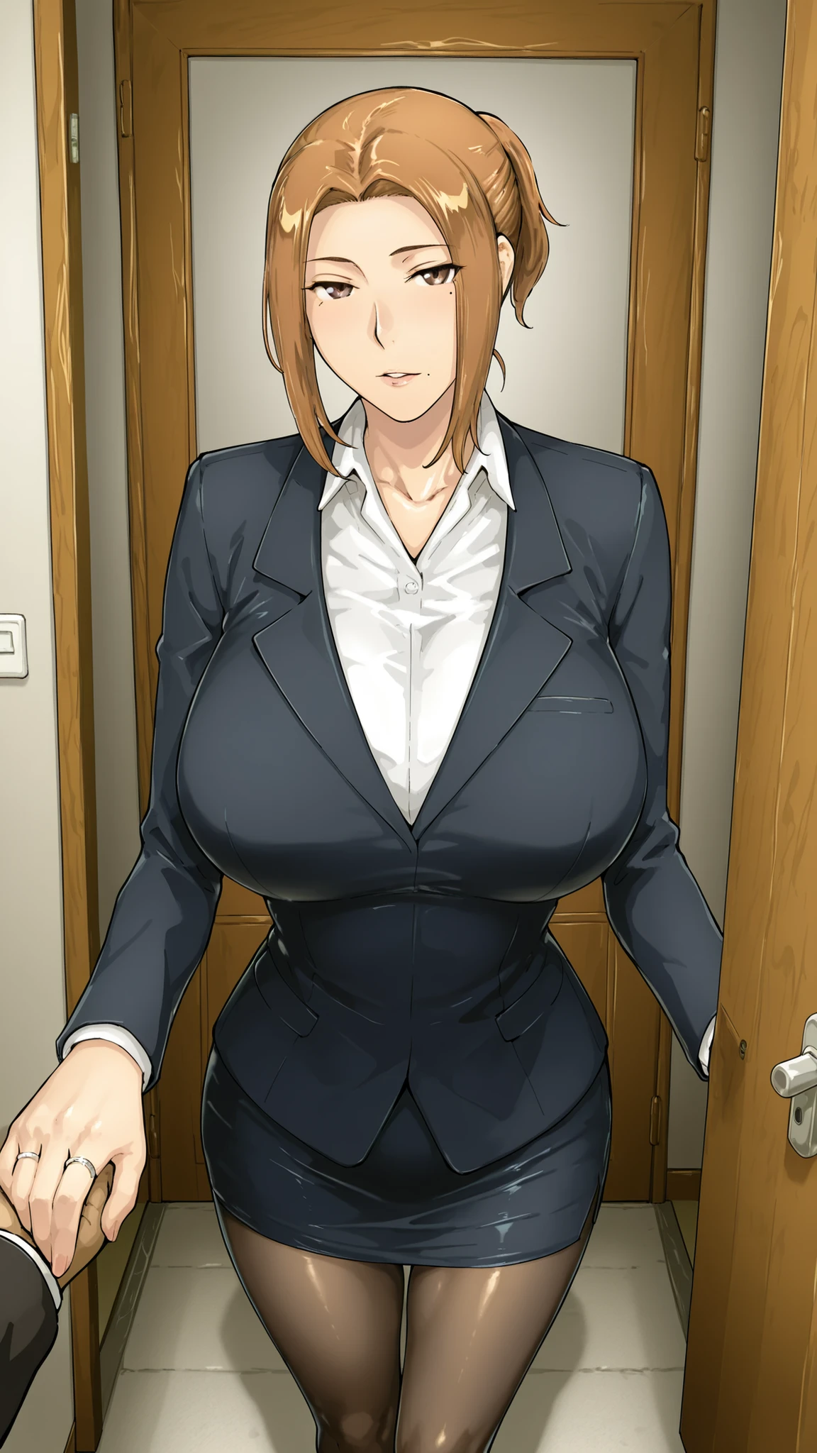 1girl,solo,mtsp_kyouka,motherly,lady,teacher,
brown hair,short ponytail,slim body,
miniskirt,mole_under_mouth,parted lips, ring,
blue-violet suit, suit jacket, [[white shirt]], skirt suit,pantyhose,office,
looking at viewer,
dooraway,opening the door,POV,
at home,

taimanin (series),straight-on,
(painterly,manga style,cel shading,simple shapes, simple artstyle,high detail),{artstyle: Yoneyama Mai,iwao178,cirenk,ebora,kirome (kamipaper)},
professional artist,detailed anatomy,masterpiece, best quality,