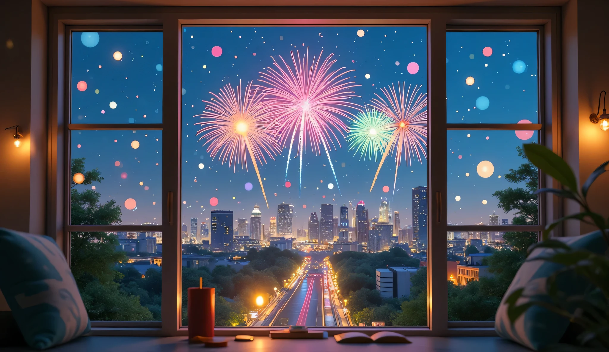 Scenery Seen Through a Window,Windowside with fireworks visible、high quality realistic 3d rendering,precise texture,Sparkling night view,Deep Colors,sophisticated composition,Charming Atmosphere,Delicate Details,Exquisite Bokeh ,Masterpiece,City,Lots of fireworks