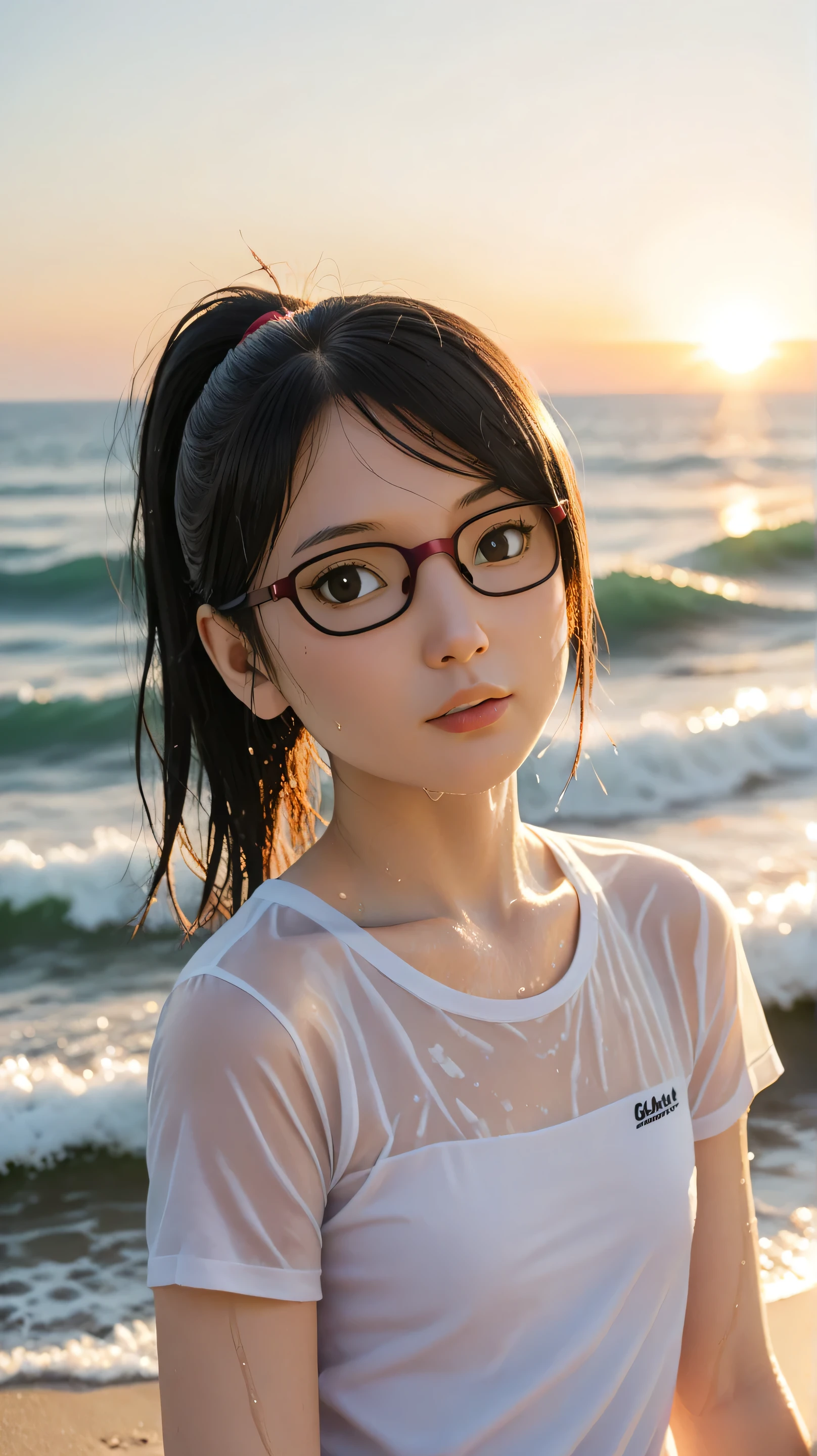 1girl, solo,sarada uchiha,black eyes,black hair,buzz-cut hair,outdoors,potrait,small breast,nature,sitting on water,black t-shirt, wear glasses,(sunset lighting:1.5),sunset,looking at viewer, beach,(big wave on body:1.5),(wet body:1.5),close up,flat chest, small breast,ponytail