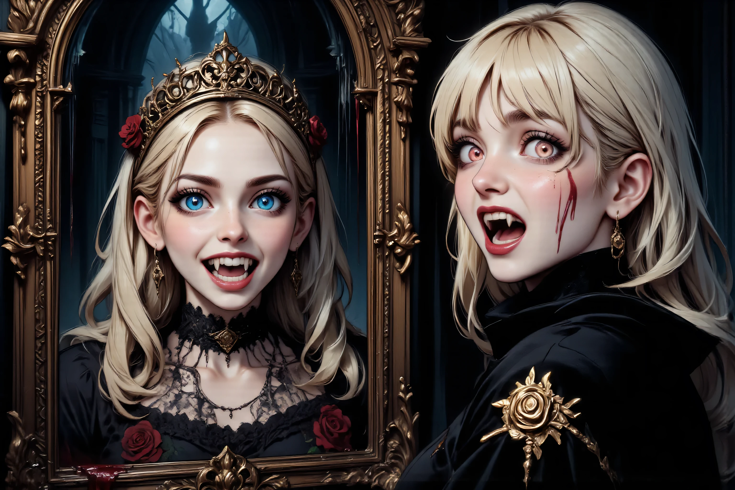 ((a photorealistic portrait of an exquisite, glamour female vampire: 1.5)) , pale face, blond hair, long vibrant shiny hair, glamorous hair, emerald green eyes, deep  eyes, red lips,  lips, ((two vampiric fangs: 1.5), drops of blood dripping from the mouth, ((1920's style: 1.5)), (highest quality:1.2, Very detailed, up to date, Vibrant, Ultra-high resolution, High Contrast, masterpiece:1.2, highest quality, Best aesthetics), best details, best quality, highres, ultra wide angle, 16k, [ultra detailed], masterpiece, best quality, (extremely detailed), Genetically modified..., Cinematic Hollywood Film, traditional watercolor painting