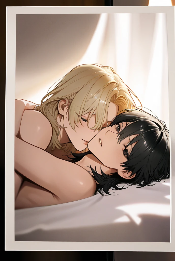 source_anime, rating_explicit, score_9, score_8_up, score_7_up, 1boy, twink, femboy, portrait, indoors, medium length hair, brown skinned twink, hair over eyes, ((brown skin)), browm boy, boy, messy hair, ikuchan, black hair, masterpiece, high-quality, small penis, BREAK, 1girl, female, white skinned, light skinned male, dominant light skinned female, kissing, femdom,  large white female, ((size difference)), medium breasts, lumine, genshin impact, duo, Heterosexual 