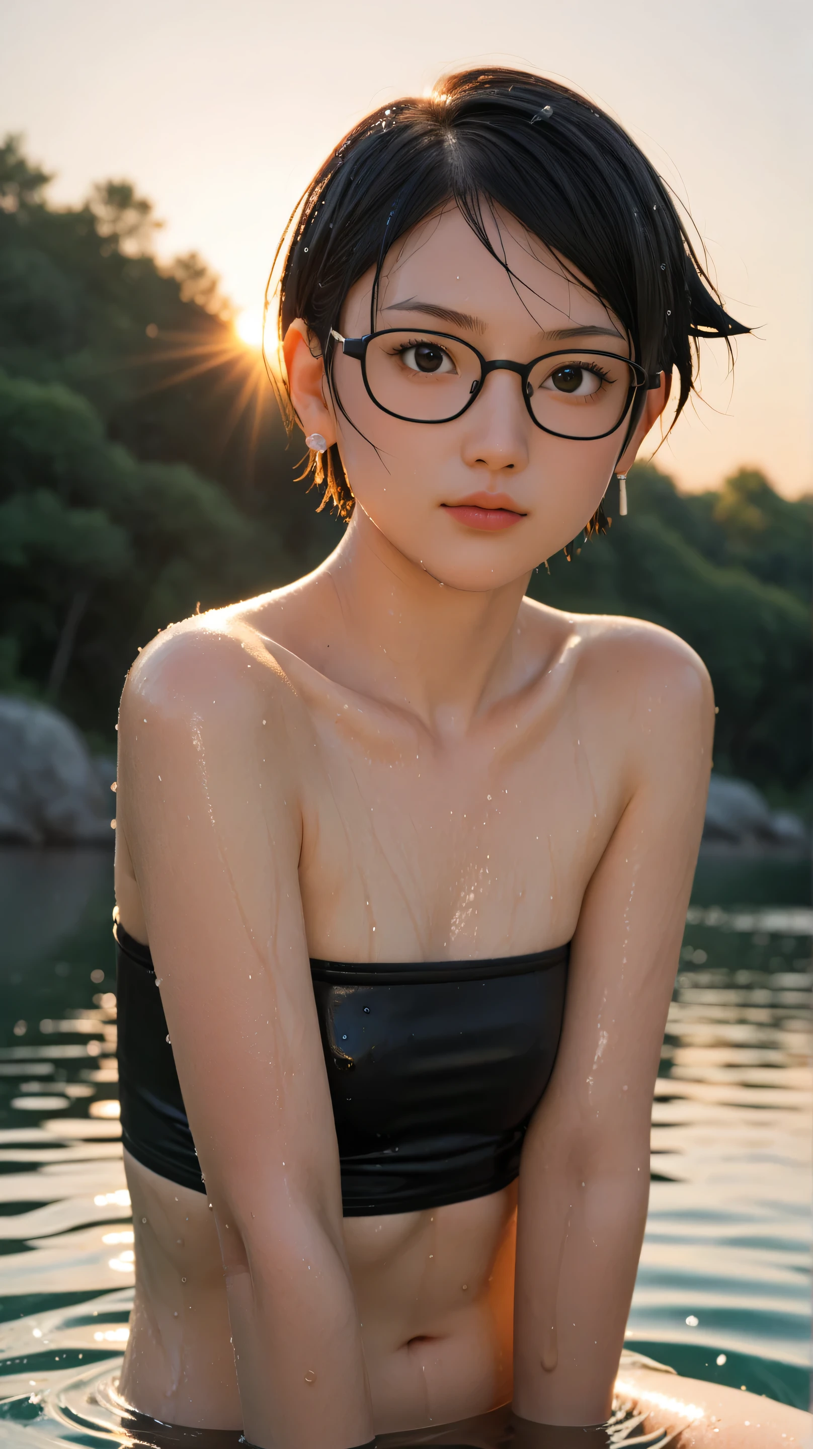 1girl, solo,sarada uchiha,black eyes,black hair,buzz-cut hair,outdoors,potrait,small breast,nature,sitting on water,navel,black tube top, wear glasses,(sunset lighting:1.5),brach, close up,earings,sunset,bare shoulders, looking at viewer, big wave,(wet body:1.5)