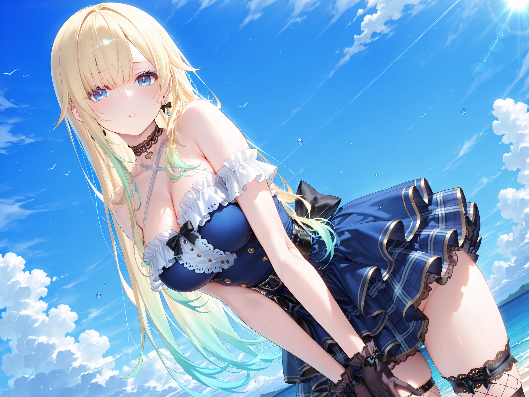 solo,masterpiece,best quality,super fine illustration、finely detail 、clear picture、UHD、HDR, amazing quality, highres, absurdres, very aesthetic, high resolution, ultra detailed, perfect details,vspoema,,large breasts,blue eyes,blonde hair,gradient hair,long hair,earring,vspoemacos,blue dress,criss-cross halter,chest frills,waist black bow,layered skirt,plaid skirt,single thigh band,lace thigh band,single thighhigh,black thighhigh,fishnet,lace choker,looking at viewer,(masterpiece, detailed:1.2),white shoulder straps,、