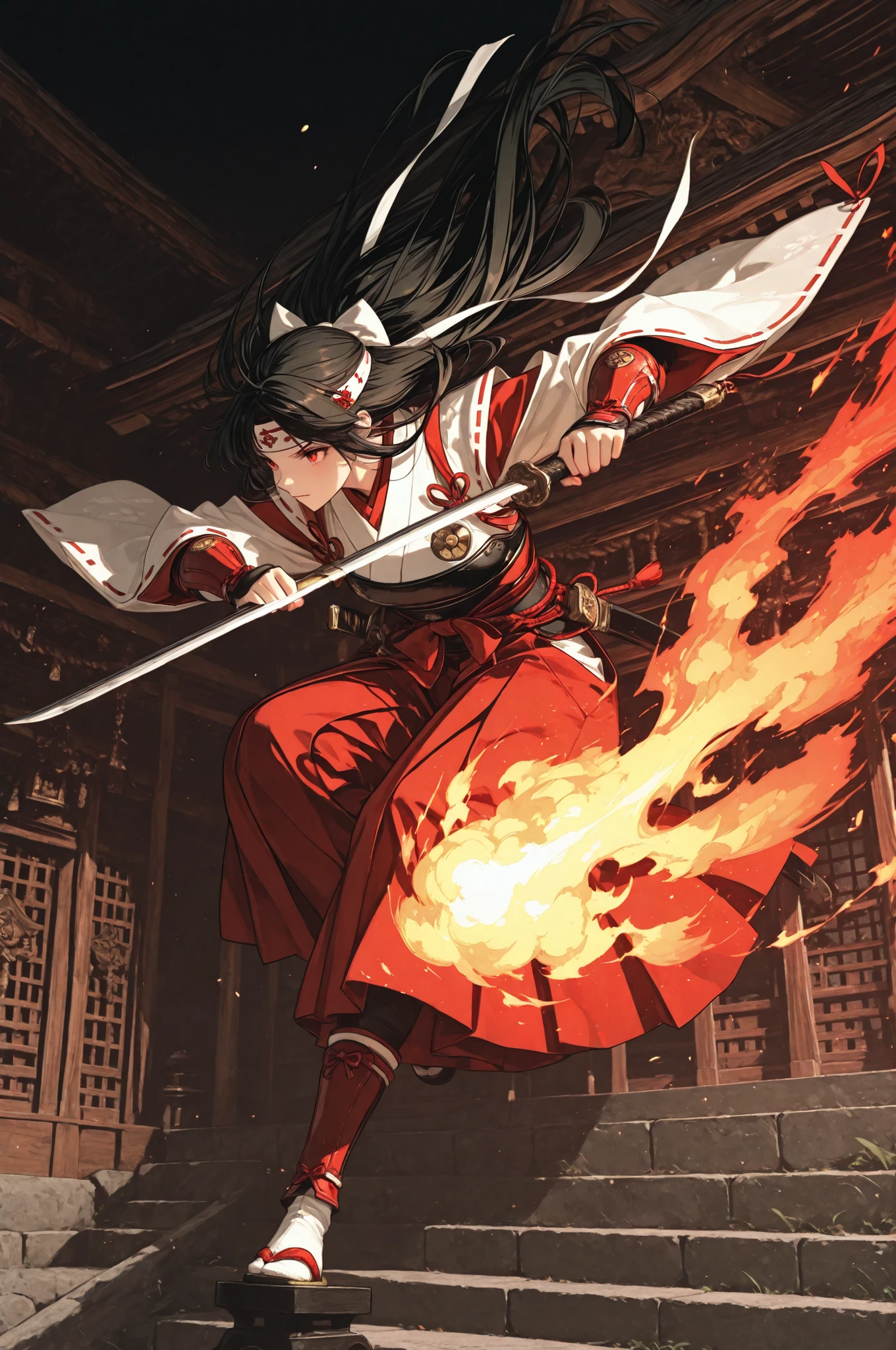Excellent Quality, masterpiece, Super detailed
1 person, brave shrine maiden warrior, action pose, majestic red and white armor, pure white headband fluttering in the wind, posture holding long-handled weapons, Powerful movement , Rin々Shy profile, Ethereal Night Precinct, swirling fire and wind, god々Pillars of Light, ancient shrine, Japanese fantasy production, dynamic composition, detailed decorative expression