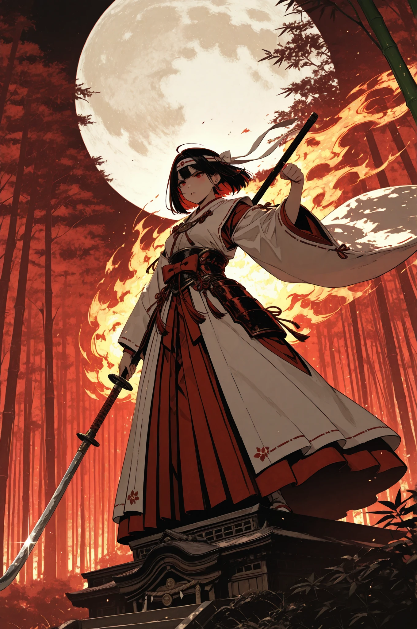 Ultimate Quality, Artwork, 8K resolution
1 Person, Dignified Shrine Maiden Warrior, Battle Scene, Red and White Armor Sparkling, White Headband Fluttering in the Wind, Piercing Pose with a Naginata, Dynamic Movement, Determined Expression, Fantastic Bamboo Forest Background, Swirling Wind and Fire, Mysterious Light Strips, Full Moon Light , A Japanese fantasy worldview, Low Angle Composition, Exquisite Decorative Description