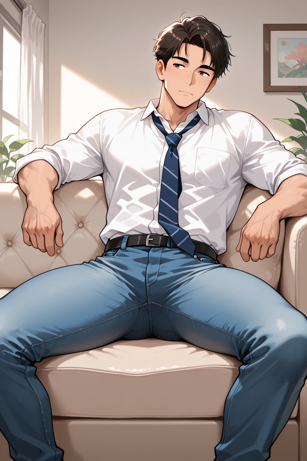 1man, smile, male focus, toned male, tall male, toned, pectorals, white shirt, beige pants, lens flare, solo, looking at viewer, park background, sitting over bench, legs spread, best quality, amazing quality, best aesthetic, absurdres, muscular, full body, erection, penis out of pants, penis, nsfw, unzipped pants, two buttons unbuttoned shirt, neck shirt, perfect penis, large penis