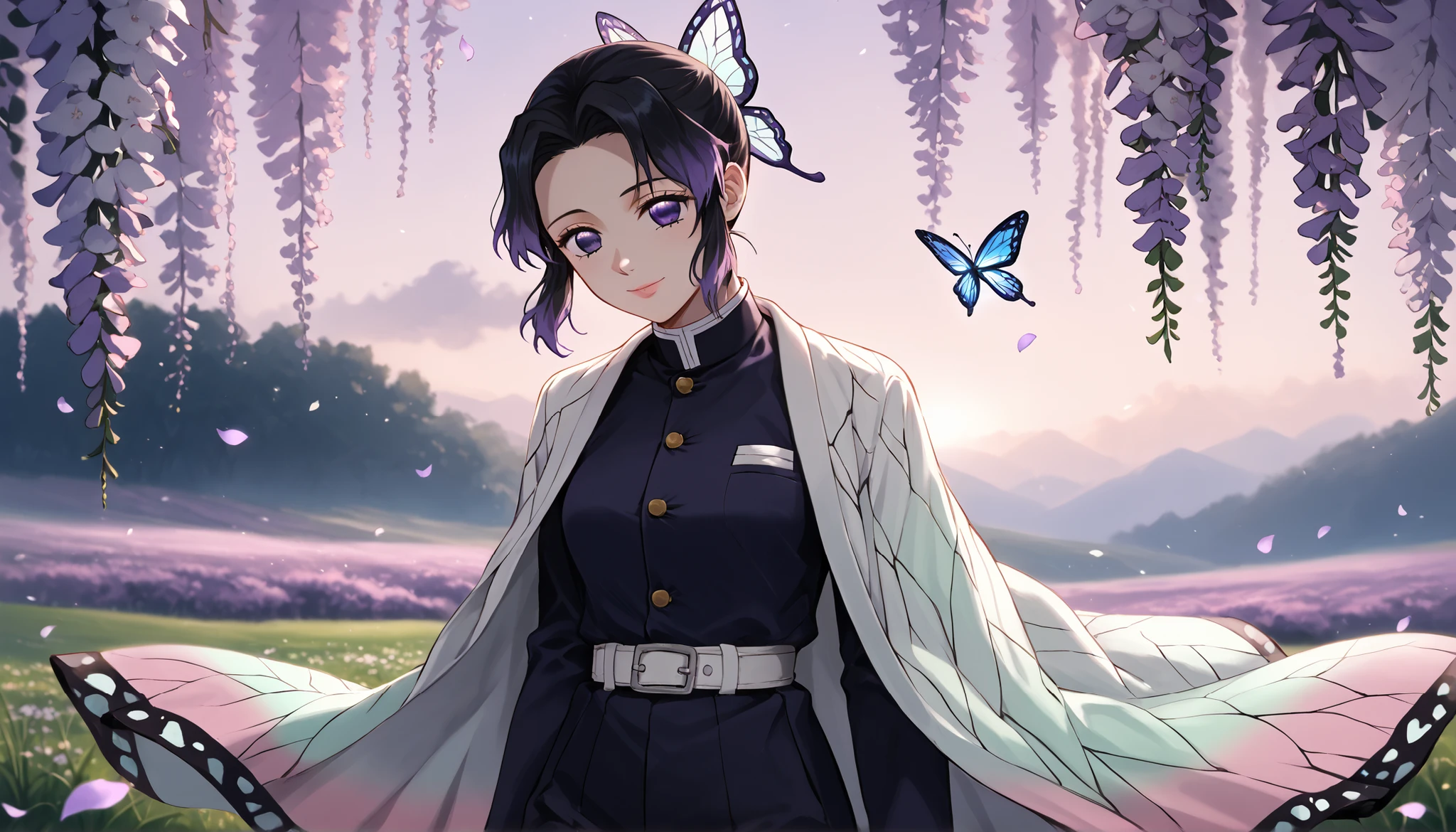 Shinobu Kocho from Demon Slayer, standing in a lush field of wisteria flowers under a twilight sky, soft glowing petals drifting in the air, gentle smile, sparkling violet eyes, flowing black hair with purple tips fluttering in the breeze, wearing her elegant white butterfly haori over the Demon Slayer uniform, intricate butterfly patterns on the haori glowing faintly, holding her Nichirin blade gracefully with the blade reflecting the purple-pink sky, cinematic backlighting, ultra-realistic anime style, ultra sharp detail, vibrant colors, soft atmosphere, depth of field, 8K resolution, masterpiece, wallpaper quality, breathtaking composition