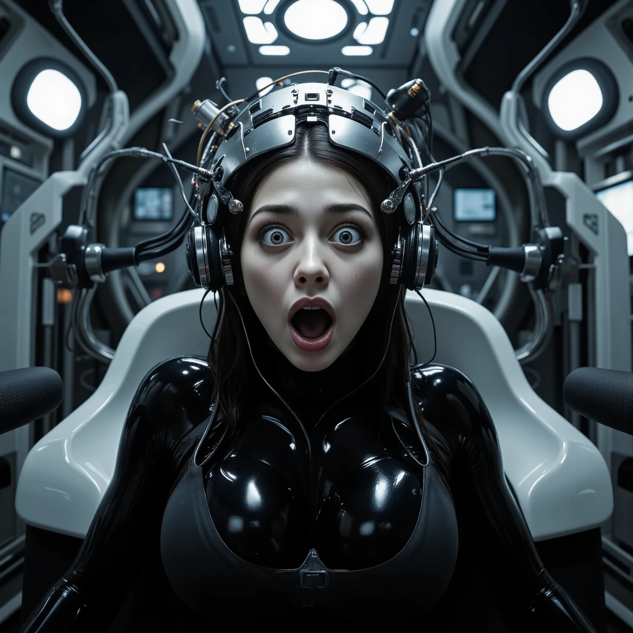 A striking masterpiece brain-programming photorealistic portrait of a slim young ((((fullbreasted)))) girl in a futuristic setting, expressing terror as she sits in a high-tech chair surrounded by complex machinery. The girl has ((((((extremely painful distorted face, very wide opened, shocked rolled white eyes and a wide open open mouth screaming in fear of losing her mind, conveying intense scare and panic, as her brain is getting reprogrammed)))))). She is dressed in a sleek, form-fitting black latex outfit that accentuates her features. (((((tight metal headgear with big electrodes, massive plugs and thick electric wires leading to both sides and sensors enveloping her head))))), adding to the unsettling atmosphere. The lighting is dramatic, casting harsh shadows on her brightly lighted face while illuminating the eerie glow from the screens around her. The color palette is cool, dominated by shades of black, gray, and hints of neon, enhancing the sci-fi feel. The composition draws the viewer’s eye directly to the subject's face, emphasizing her expression of fear and agony. The use of depth-of-field creates a sense of intimacy, making her the focal point against the busy technological backdrop. Hyper detailed, photorealistic, UHD, 16K