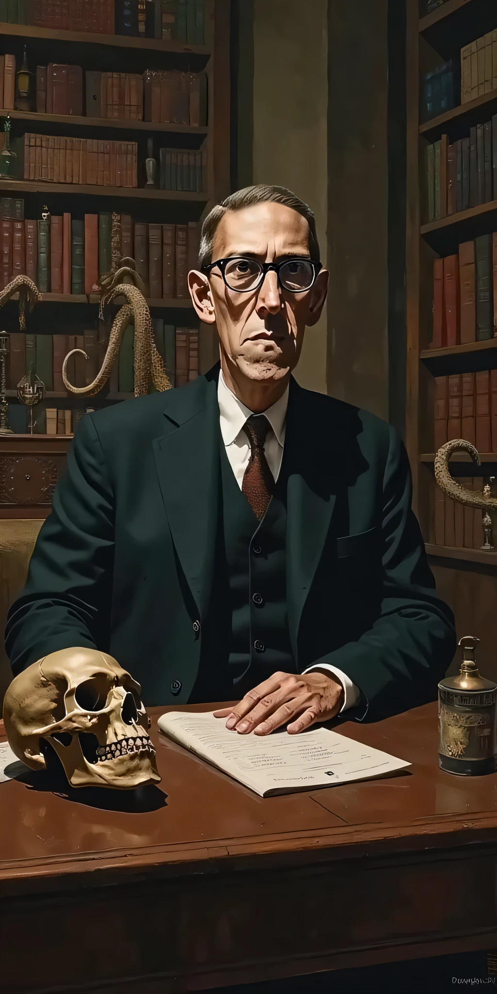 H.P. Lovecraft wearing vintage black round framed glasses sitting at a desk in his study, portrait, skull on desk, tentacles coming out of the bookcase in background, Gothic study background, dark surrealism, high detail, masterpiece.
