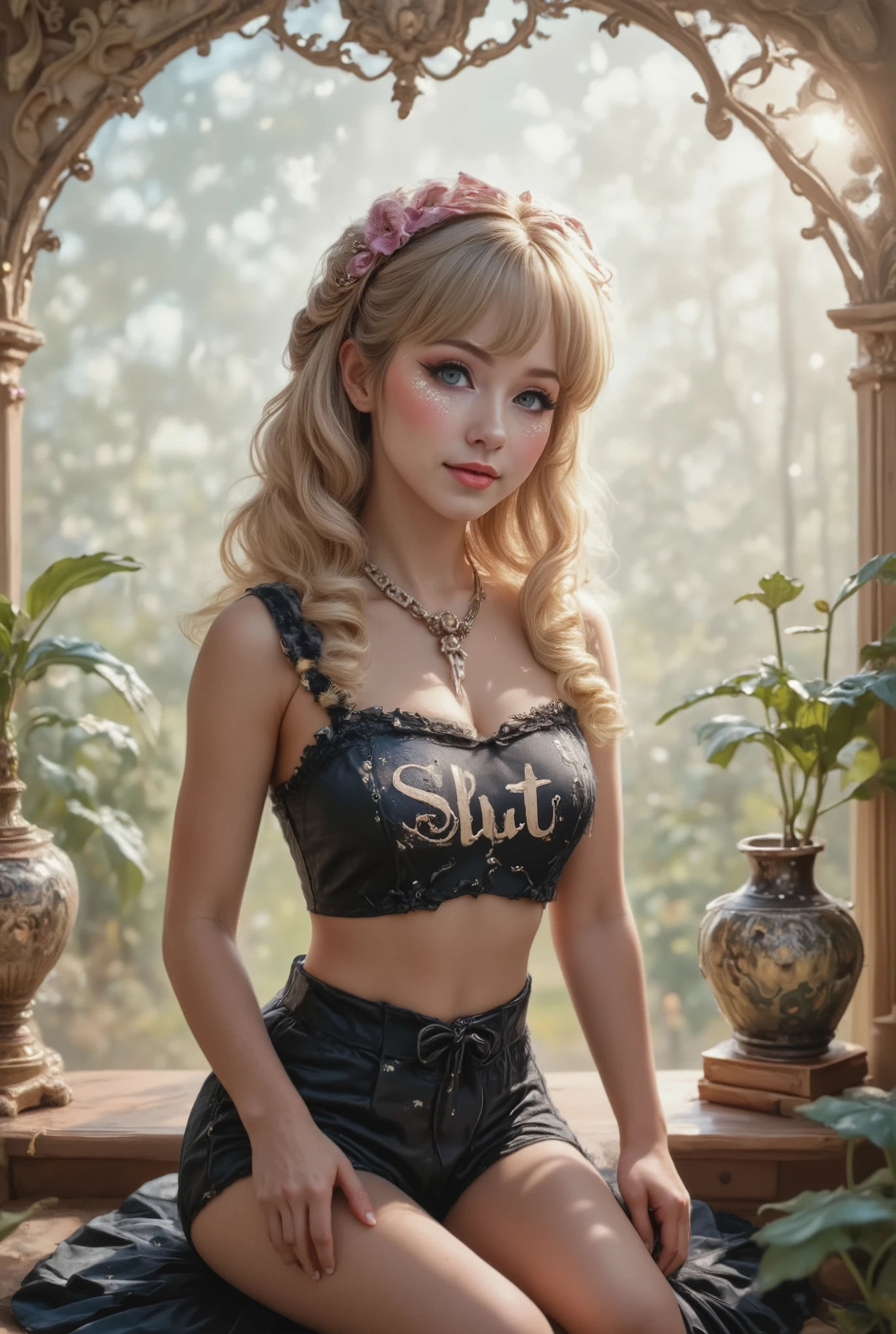 ((Masterpiece, Top Quality)), Outrageous, (Realistic 1.2), Sharp Focus, High Detail, Film Grain, (Saturation: 1.4), ((Video Still)), ((Subject: Beauty, Mood: Beauty, Highlights: Beauty)), [[((blunt bangs, hair partially covering face)), ((Very Realistic Portrait)) A person with long, flowing platinum hair sits comfortably. She has a sharp jawline, a sharp nose, sparkling bright blue eyes, full lips a dazzling smile, and is wearing a crop top with the word "SLUT" printed on the front. The person is leaning forward slightly, one arm bent and resting on her knee. There is soft natural light in the background. There is also natural light in the form of direct heat, creating light patterns (light spill, light reflections) that create a dreamy and fantastical atmosphere.]], This surreal fantasy masterpiece is rendered in ultra high resolution and further enhanced with HDR technology for realistic expression. Bokeh effect, shallow depth of field framing, shot on 35mm film and 8K rendering. ((Highly realistic photo area)), Professional photography, ((Highly realistic details and perfection)), ((Ultra high density, ultra wide angle lens)), (Realistic), Aesthetic. Masterpiece, Authenticity, Excellence, ((Top Quality)), ((Masterpiece)), ((Details)), Super Resolution, ((Original Photo)), AI-Studio..(VIVID Color: 1.27), Concept Art,