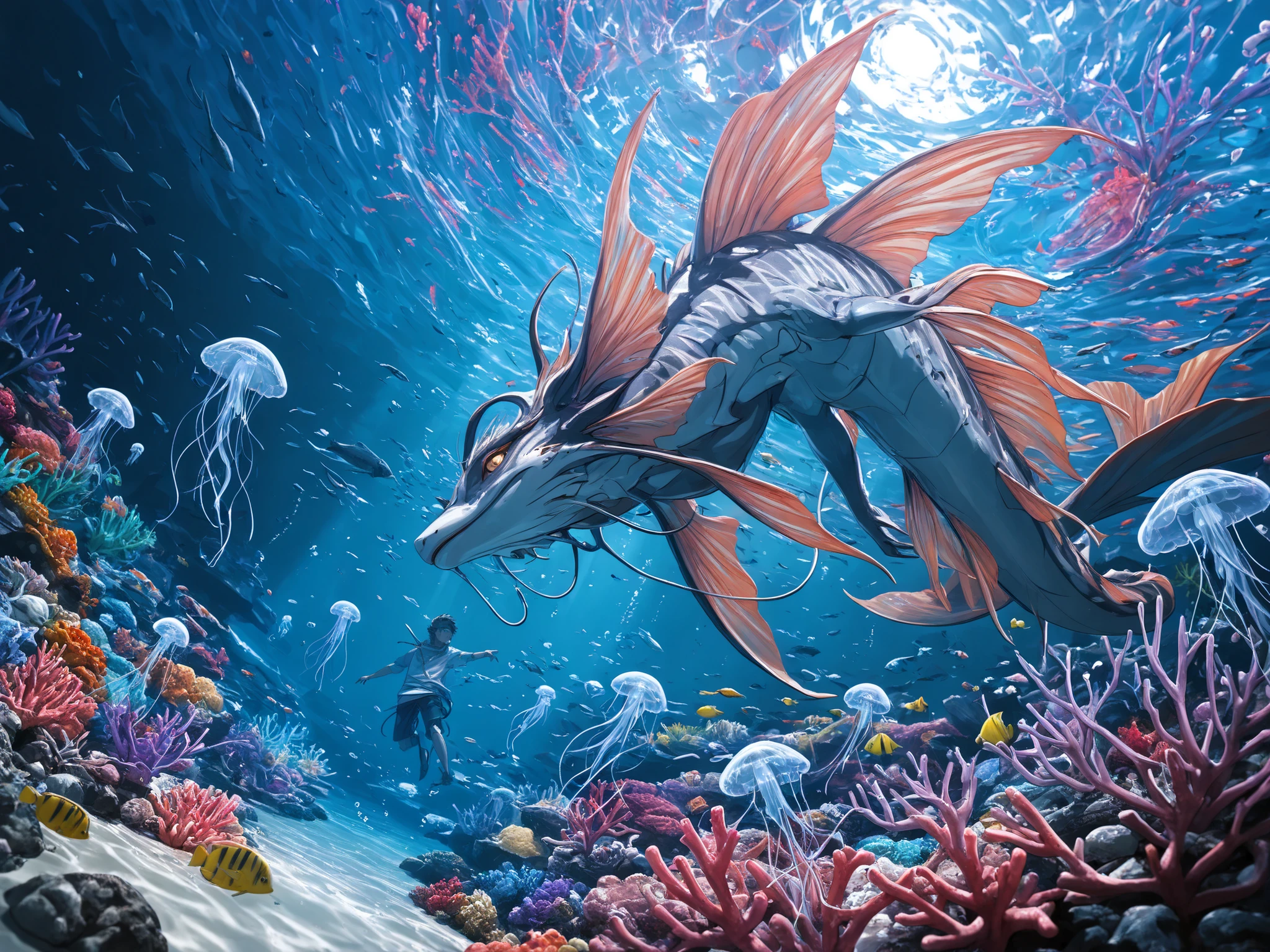 masterpiece, best quality, newest, dynamic angle, ((3 male siren)), swimming through the sea, colorful coral reef in the background, fish and jellyfish swimming around