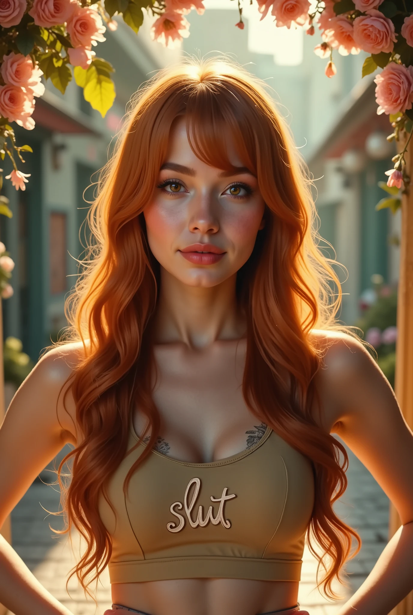 ((Masterpiece, Top Quality)), Outrageous, (Realistic 1.2), Sharp Focus, High Detail, (Saturation: 1.4), ((Video Still)), ((Subject: Beauty, Mood: Beauty, Highlights: Beauty)), [[((blunt bangs, hair partially covering face)), ((Very Realistic Portrait)) A person with long, flowing ginger hair sits comfortably. She has a sharp jawline, a sharp nose, sparkling brown eyes, full lips a dazzling smile, and is wearing a crop top with the word "SLUT" printed on the front. The person is standing with her hands on her hips. There is soft natural light in the background. There is also natural light in the form of direct heat, creating light patterns (light spill, light reflections) that create a dreamy and fantastical atmosphere.]], This surreal fantasy masterpiece is rendered in ultra high resolution and further enhanced with HDR technology for realistic expression. Bokeh effect, shallow depth of field framing, shot on 35mm film and 8K rendering. ((Highly realistic photo area)), Professional photography, ((Highly realistic details and perfection)), ((Ultra high density, ultra wide angle lens)), (Realistic), Aesthetic. Masterpiece, Authenticity, Excellence, ((Top Quality)), ((Masterpiece)), ((Details)), Super Resolution, ((Original Photo)), 