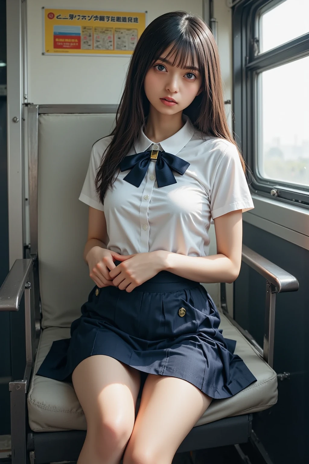 (realistic:1.3), shaded face, depth of field, school uniform,
beautiful detailed illustration,amazing art,(((Extremely detailed))),
sitting 1girl,bangs,female high-school student,sleeping,Closed eyes,WHITE panties,skirt,
cowboy shot,from FRONT
,(((Extremely detailed))),On the train, a young woman is sleeping contentedly. Through the gap between her legs and skirt, her panties can be seen. As the vehicle rocks, her peaceful expression and gentle breathing create a calming atmosphere
,(((Extremely detailed)))