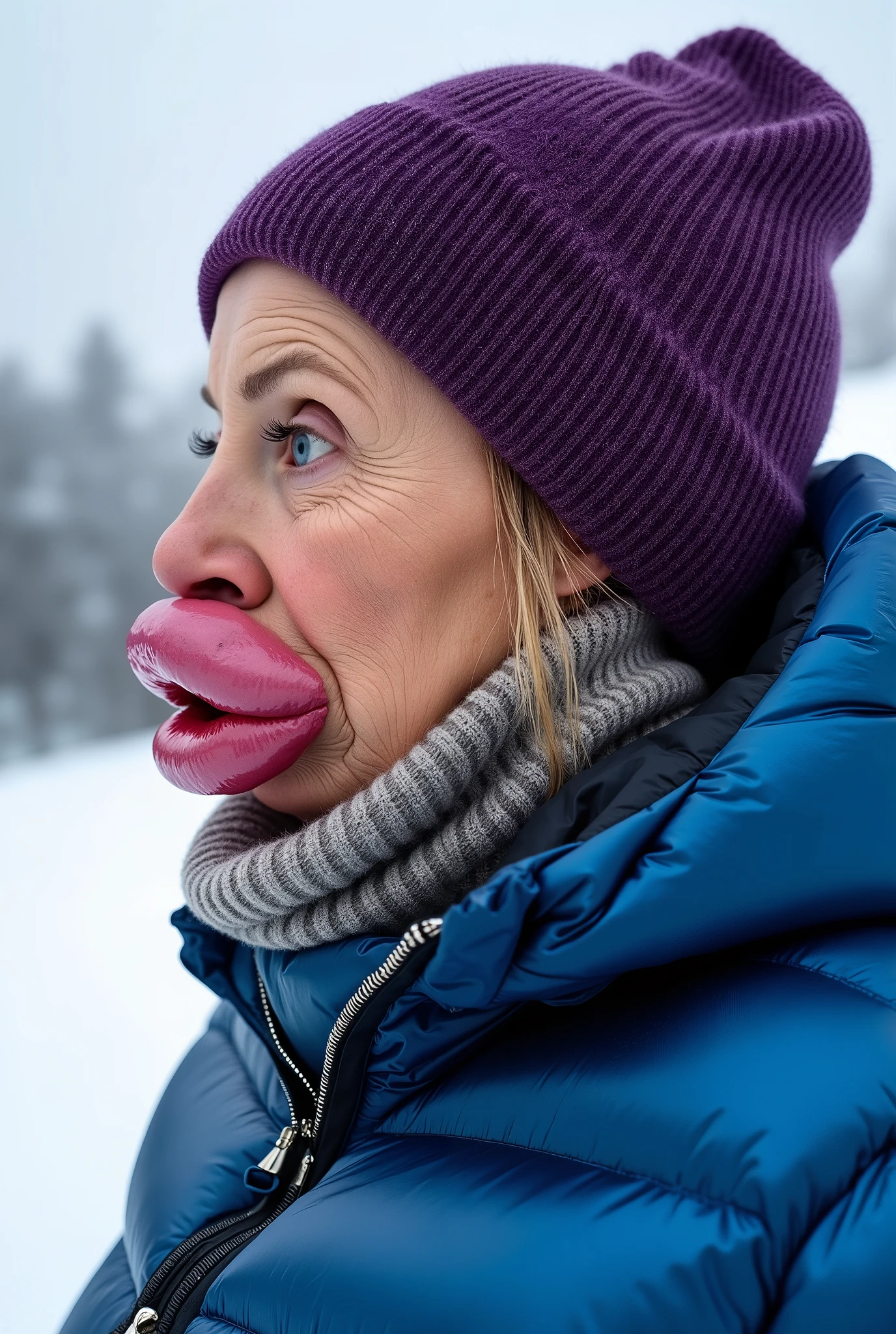 Side view of a 60 year old English posh woman with old skin on a ski piste, Wearing a purple ribbed thick wool balaclava, Wearing a thick Moncler shiny blue shiny puffer jacket with a ribbed wool slouchy taupe turtleneck sweater underneath, botox face, face lifting, Huge fake round pouty lips, blue eyes, medium shot, huge lips, Big lips , botox lips