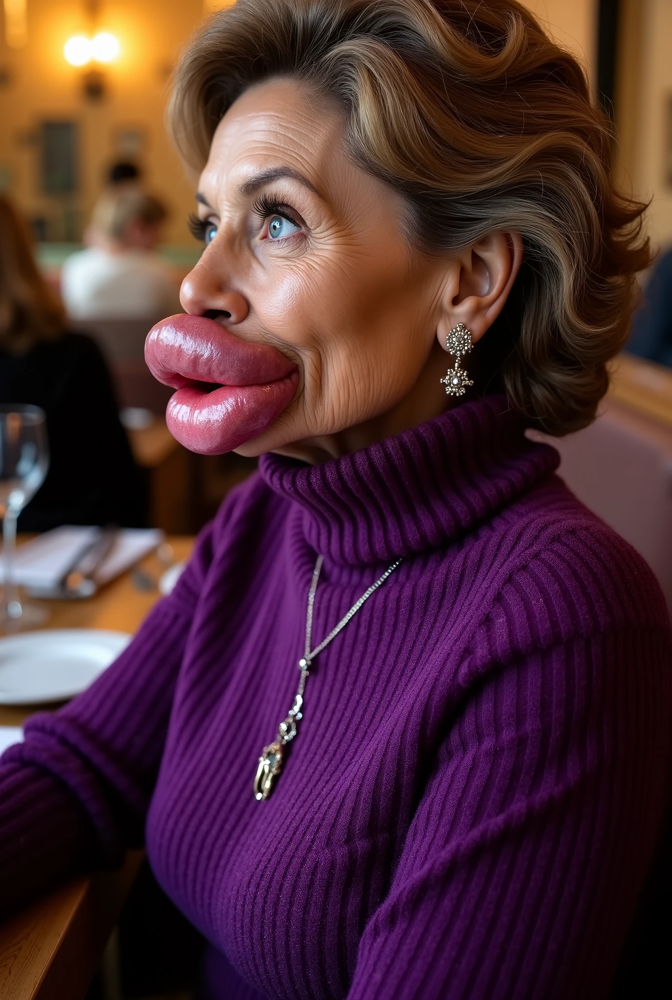 Side view of a 60 year old Italian milf posh woman with old skin in a restaurant, Wearing a purple ribbed thick wool turtleneck sweater, botox face, face lifting, Huge fake round pouty lips, blue eyes, medium shot, huge lips, Big lips , botox lips