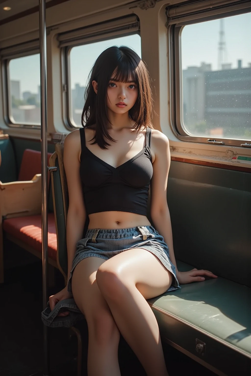 1 beautiful woman, 40 years old, Brunette Bob Cut Hair, hyperdetailed face、Detailed lips、A detailed eye、(Huge breasts:1.3), 二重まぶた, Short-sleeved blouse, ((micromini skirt)), cleavage, panties on、(thighs thighs thighs thighs), Sitting on the bus、8K, masutepiece, Best Quality, ultra-detailliert, 超A high resolution, professional photograpy, Official art, Wallpaper, hyper realisitic, Photorealistic, Realistic