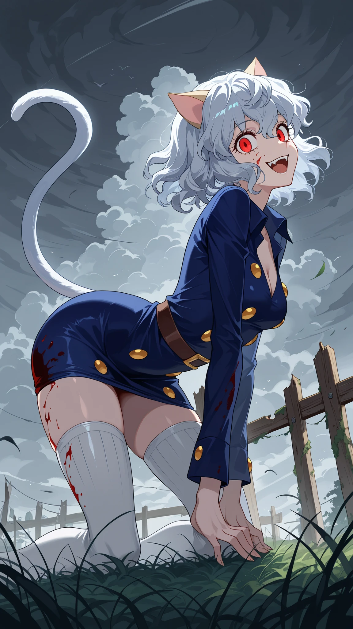 BREAK (masterpiece:1.2), best quality, high resolution, unity 8k wallpaper, (illustration:0.8), overgrown field under storm clouds, old barn with blood splattered on broken doors, black vultures perched on wooden fence, faint mist crawling over the grass, eerie silence, ultra detailed horror scene, no people,neferpitou, short hair, red eyes, animal ears, tail, white hair, cat ears, cat tail, curly hair,belt,sexy blue summer dress,white high kneesocks,cleavage,floating dress,looking at viewer,cowboy shot,wide-angel,seductive pose,blood on clothes and face,sitting on field,sitting on knees,from below,excited face,from behind,arched back,photo from back,bent over