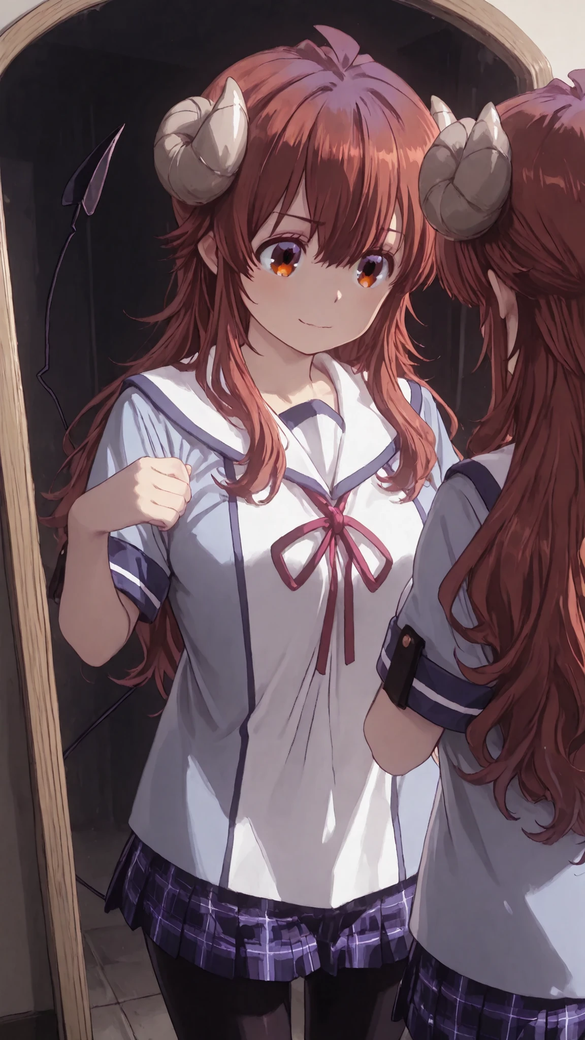 (masterpiece, Highest Quality, Highest Quality:1.2), very detailed,most detailed ((Super Detailed)), (very detailedCGイラスト), ((very delicate)), She looks in the mirror, The girl in the mirror is smiling、Highest Quality, masterpiece, 1girl, Yoshida Yuko , Long Hair, brown hair, stupid hair, horn, brown eyes, tooth, Demon Tail, school uniform, White Sailor Color, neck ribbon, blue shirt , SHORT SLEEVE, plaid skirt, blue skirt, Black Pantyhose, Facing Myself Reflected in the Mirror、What I see in the mirror is crisis management form、Expression of duality through specular reflection、危機管理フォームと制服姿のYoshida Yuko 、dark room、neon ray 、