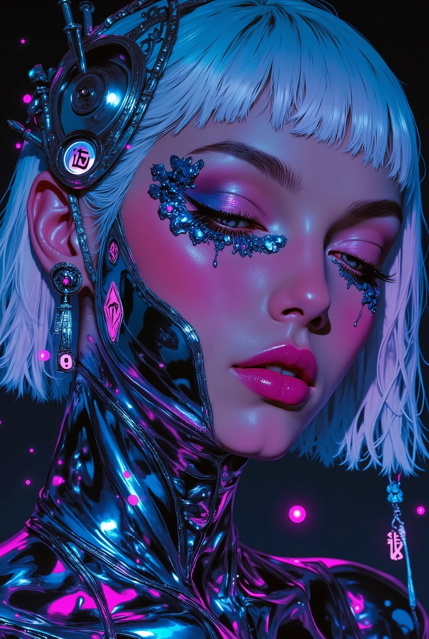 ((((LBDSM-style digital illustration))), illustration, highly detailed, stylized, digital)), Hyper-realistic close-up portrait of a woman with striking, very short white hair, cropped to one side and artfully darkened, facing the viewer with an expression conveying both power and mystery. Her eyes are partially closed, which gives her a futuristic, serene appearance. The left side of her face is decorated with a chrome overlay with intricate detailing that fits seamlessly into the skin and partially covers her left eye. The chrome mold, made of more than 10,000 razor-thin chrome lines, comes out in straight, rigid shapes resembling strands of melted cheese, but with a smooth metal coating. Chrome has a highly polished reflective surface that captures and refracts an unearthly neon blue and purple glow, giving the product a surreal hue. The sequins embedded in the shape emphasize its futuristic, otherworldly essence. Some areas of chrome are semi-solid, with metallic inclusions that flow down her face in the form of smooth dynamic patterns, which indicates a smooth fusion of technology and organic form. Subtle holographic projections trace the edges of the chrome, emitting faint pulsating neon symbols and geometric shapes that flicker and shift, adding a touch of surrealism. The upper part of her head is framed in mirrors, showing intricate whimsical reflections, while her body remains behind the scenes, focusing on the striking, surreal composition of the face, which combines technology with artistic surrealism.
