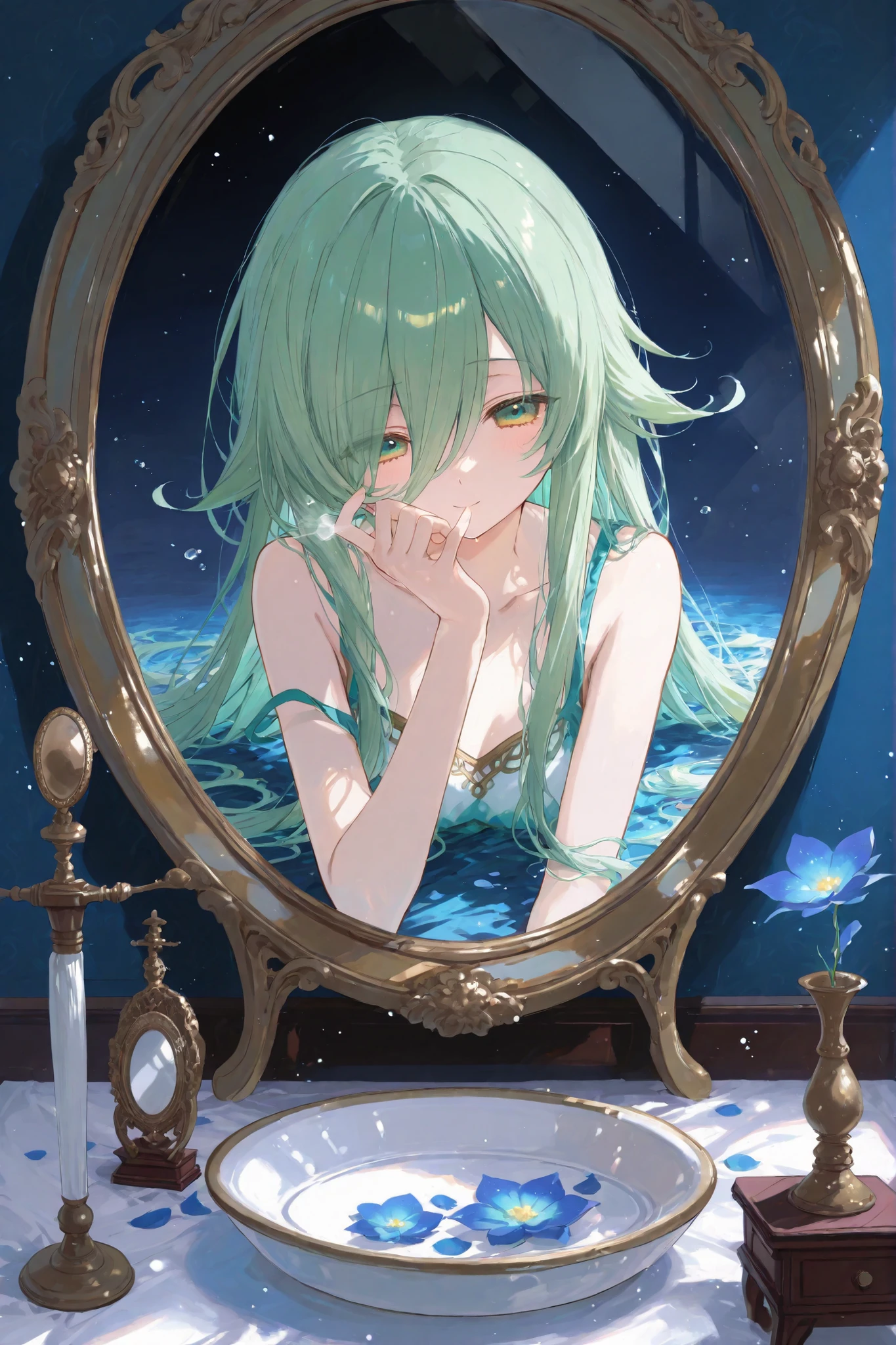 High quality pictures、Girl Facing the Mirror、Ephemeral Profile、Bedroom at dusk、large antique mirror、figure of a boy floating on a mirror surface、Two Intersecting Shadows、Clear Particles of Light、Flickering air、 Quiet Moments 、Deep Blue World View、with a sense of transparency on the top of a dish-shaped head