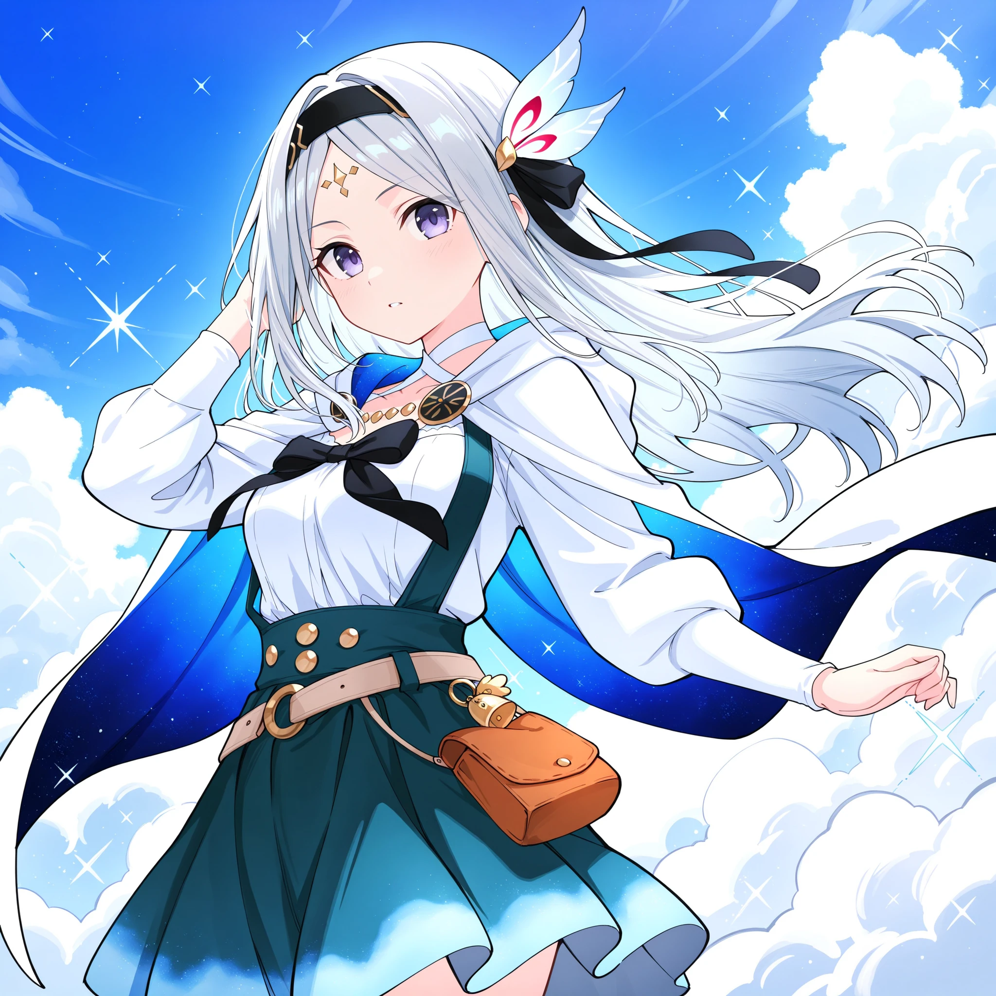 Anime Girl,like a messenger with the power of the sky and the ether,skirt like flowing clouds,A calm and determined charm,with a transparent、cape with glitter particle effects。
Accessories:wears a crystal with a shining shimmer of light on her forehead,Two silver hair bands that are as light as clouds hang down the sides of her ears,wears a blue silk band symbolizing the sky around her waist。
Color:. The main colors are sky blue and silver white,is complemented by light purple and a little bit of gold,The overall presentation is fresh、, and an elegant and powerful visual feeling。
Overall style :The overall image is flowing and dynamic,Like a messenger with the sky and power,, her eyes are gentle and focused ,It also has a strong atmosphere,exudes a calm and firm charm。