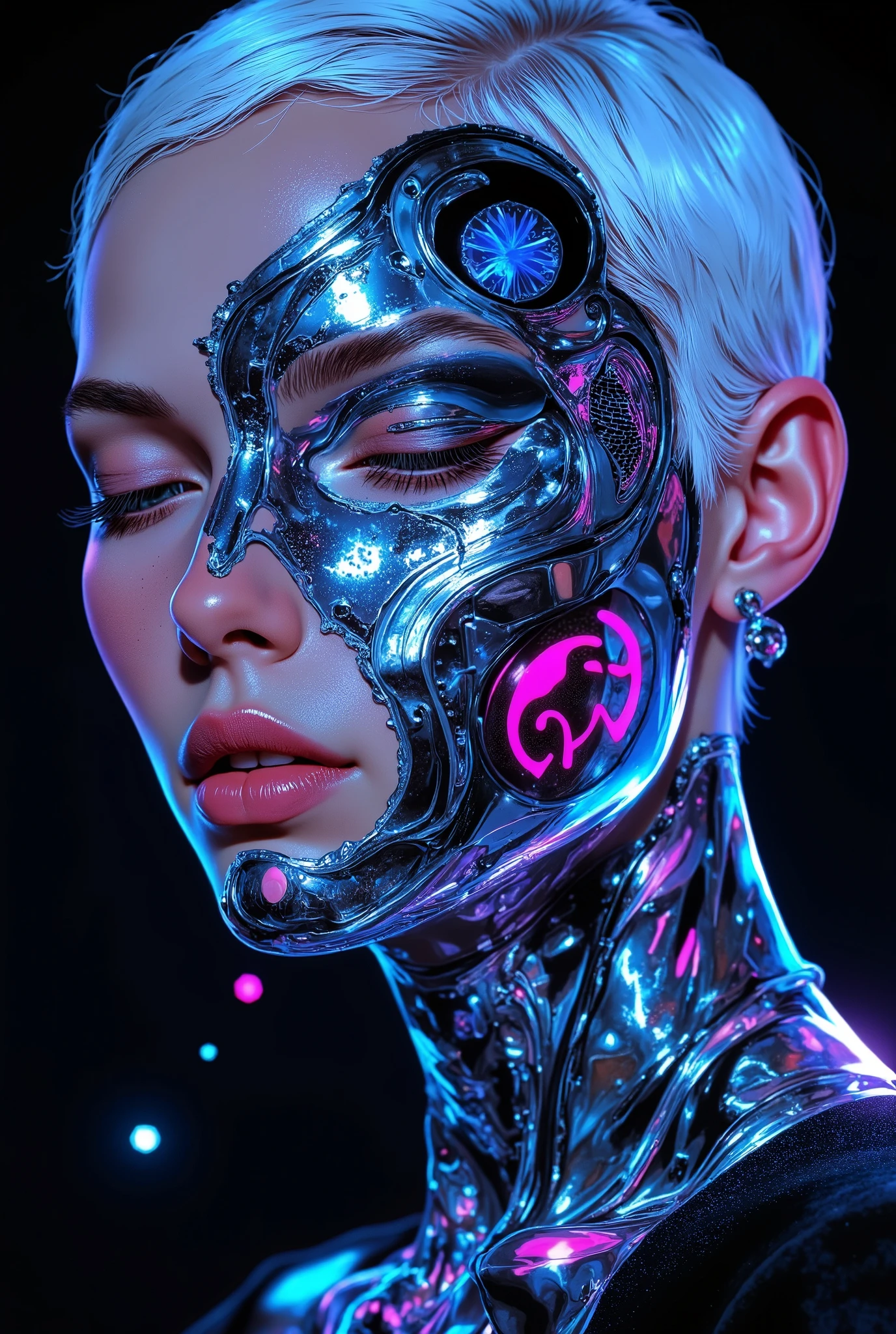 ((((LBDSM-style digital illustration))), illustration, highly detailed, stylized, digital)), Hyper-realistic close-up portrait of a woman with striking, very short white hair, cropped to one side and artfully darkened, facing the viewer with an expression conveying both power and mystery. Her eyes are partially closed, which gives her a futuristic, serene appearance. The left side of her face is decorated with a chrome overlay with intricate detailing that fits seamlessly into the skin and partially covers her left eye. The chrome mold, made of more than 10,000 razor-thin chrome lines, comes out in straight, rigid shapes resembling strands of melted cheese, but with a smooth metal coating. Chrome has a highly polished reflective surface that captures and refracts an unearthly neon blue and purple glow, giving the product a surreal hue. The sequins embedded in the shape emphasize its futuristic, otherworldly essence. Some areas of chrome are semi-solid, with metallic inclusions that flow down her face in the form of smooth dynamic patterns, which indicates a smooth fusion of technology and organic form. Subtle holographic projections trace the edges of the chrome, emitting faint pulsating neon symbols and geometric shapes that flicker and shift, adding a touch of surrealism. The upper part of her head is framed in mirrors, showing intricate whimsical reflections, while her body remains behind the scenes, focusing on the striking, surreal composition of the face, which combines technology with artistic surrealism.