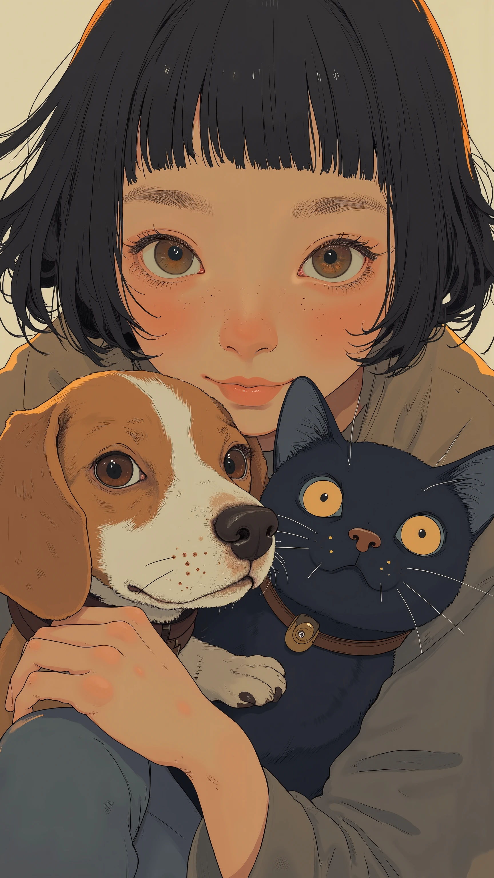 real、Super zoom on the face、Super zoom up on the face of a Japanese girl with short bob hair, a beagle dog, a black cat, and an otter huddled cheek to cheek,Shot with a Wide Angle Lens、超close-up、Smile Yan, viewers、light brown hair、tanned dark skin、big eyes and flowing, smooth hair, dark cute, rena nounen style 3 /close-up、dynamic composition、