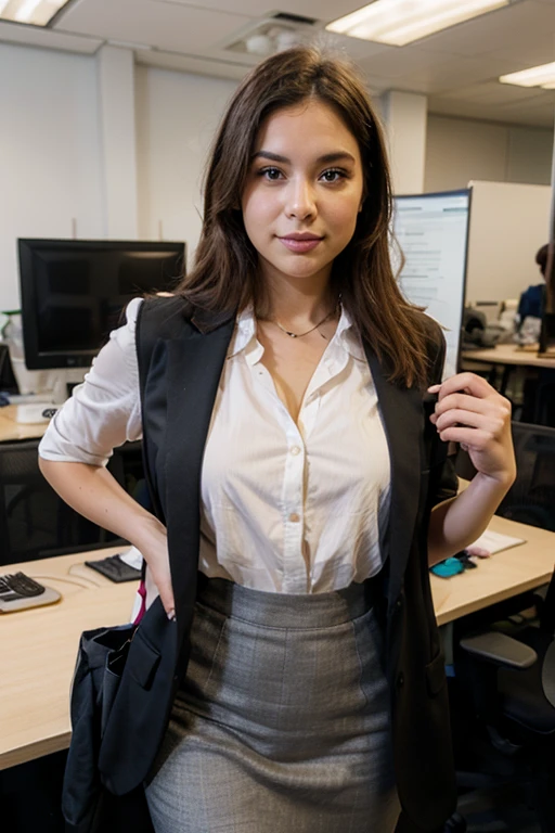 1girl in, age 20, Square face, Long hair, Looking at Viewer, jewelry, Realistic, A sexy, office attire outfits, multicolored outfits, party background, free pose