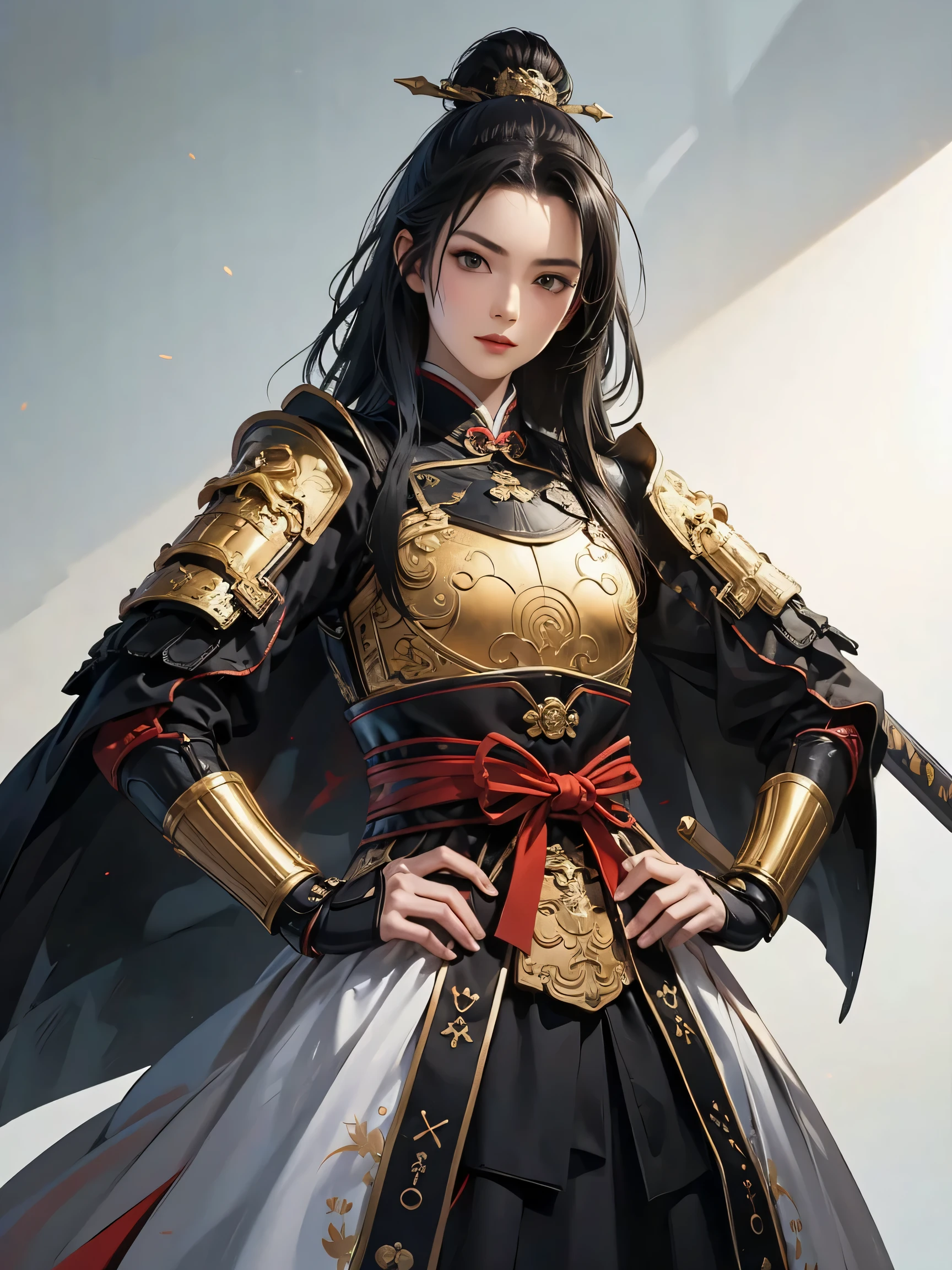 xuer Ancient Chinese sword, Beautiful woman with dark hair :1.3, Groovitz , Hanhu ,(( pure white background )), ( Highest Quality), handsome,naked、 female knight with an exquisitive drawn hand facing forward {x} with an astonishing muscular physique {X} Beautiful female knight , 2. 5d cgi Fantasy Artwork , 、 detailed digital art, EXtremely Great Work , fan art best art station , (Black velvet long cape ),( Suetsu :1.2)( EXpressionless ), eXquisitely drawn hand 、 I'm putting my hand on my lower back, facing forward、Chinese Armor, Above the waist、 nakedの女性、 The chest part of the armor is wide open、 the chest is exposed、、2 arms.correctly drawn hand、white background
