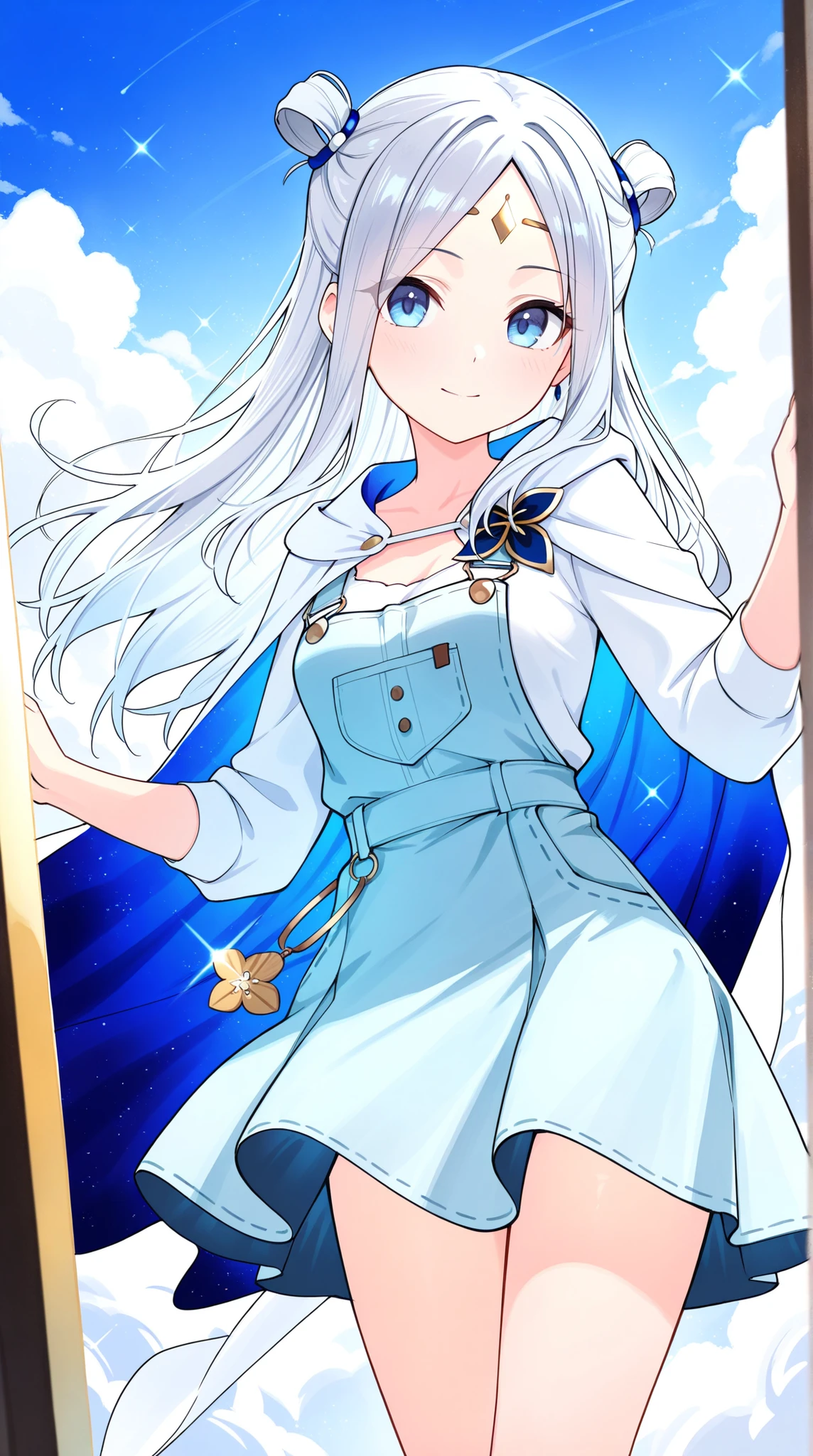 Anime Girl,Wearing a light blue dress,skirt like flowing clouds,A calm and determined charm,with a transparent、cape with glitter particle effects。
Accessories:wears a crystal with a shining shimmer of light on her forehead,Two silver hair bands that are as light as clouds hang down the sides of her ears,wears a blue silk band symbolizing the sky around her waist。
Color:. The main colors are sky blue and silver white,is complemented by light purple and a little bit of gold,The overall presentation is fresh、, and an elegant and powerful visual feeling。
Overall style :The overall image is flowing and dynamic,Like a messenger with the sky and power,, her eyes are gentle and focused ,It also has a strong atmosphere,exudes a calm and firm charm。
