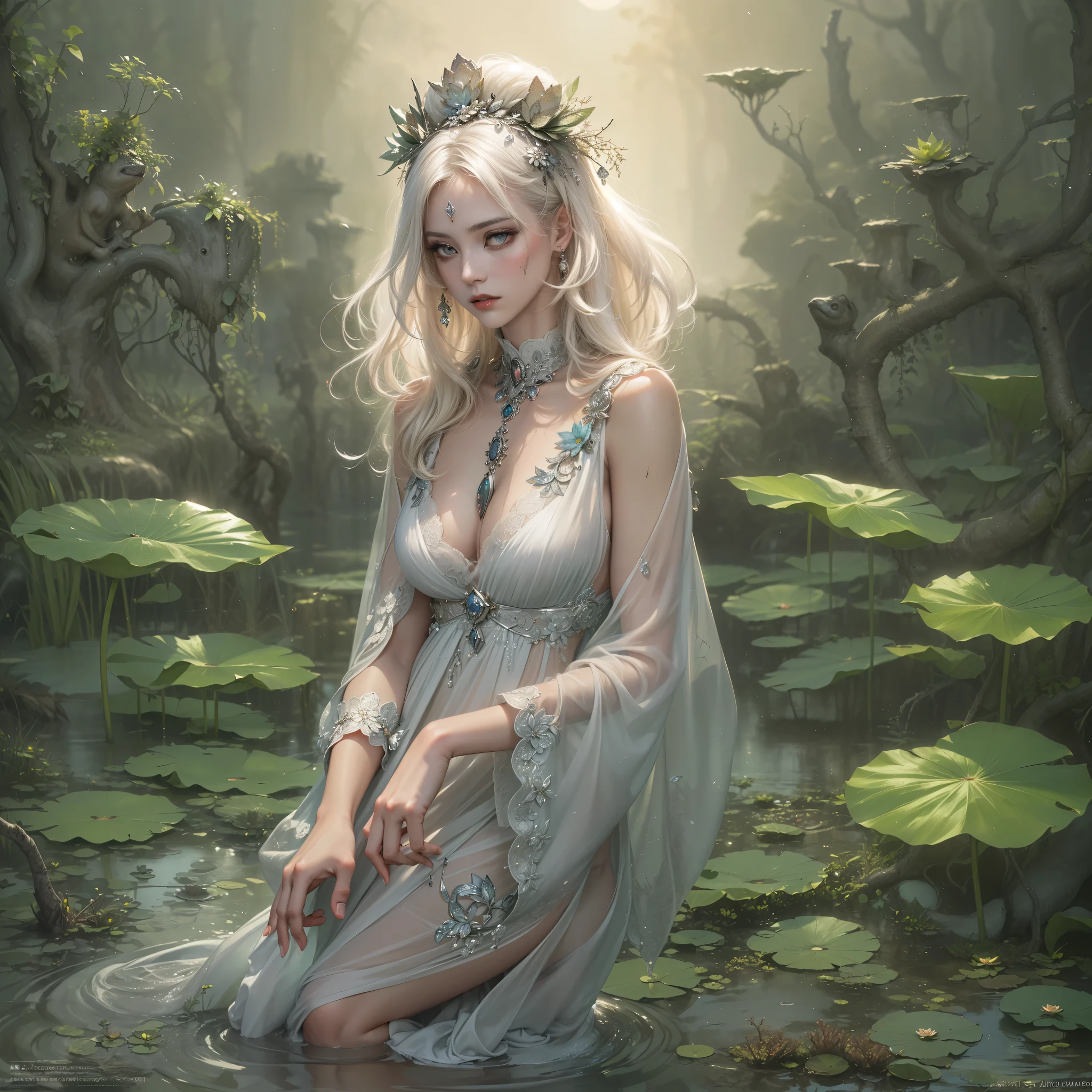 photo-realistic image of a beautiful elf woman with fair skin, "light blonde hair", and "striking blue-green eyes". She is wearing a delicate necklace with a white-transparent orchid pendant. "Her attire is a very thin, light, and completely transparent white silk ribbon", draped around her neck, crossing over her chest, and tied at the waist. The transparent white silk ribbon does not cover her sides, leaving her hips and thighs exposed. The ribbon only covers her breasts and crotch area, emphasizing its delicate, sheer, and revealing nature. Elaria sits in a lotus position in a green forest glade, surrounded by flowers and tall trees. Her eyes are closed, and her face expresses calm and concentration. Sunlight filtering through the leaves dances on her light skin and the decoration in the shape of a translucent white orchid around her neck. Nearby, a small stream babbles, and birds sing their songs, creating perfect conditions for meditation. ((covered nipples)), ((cameltoe))
