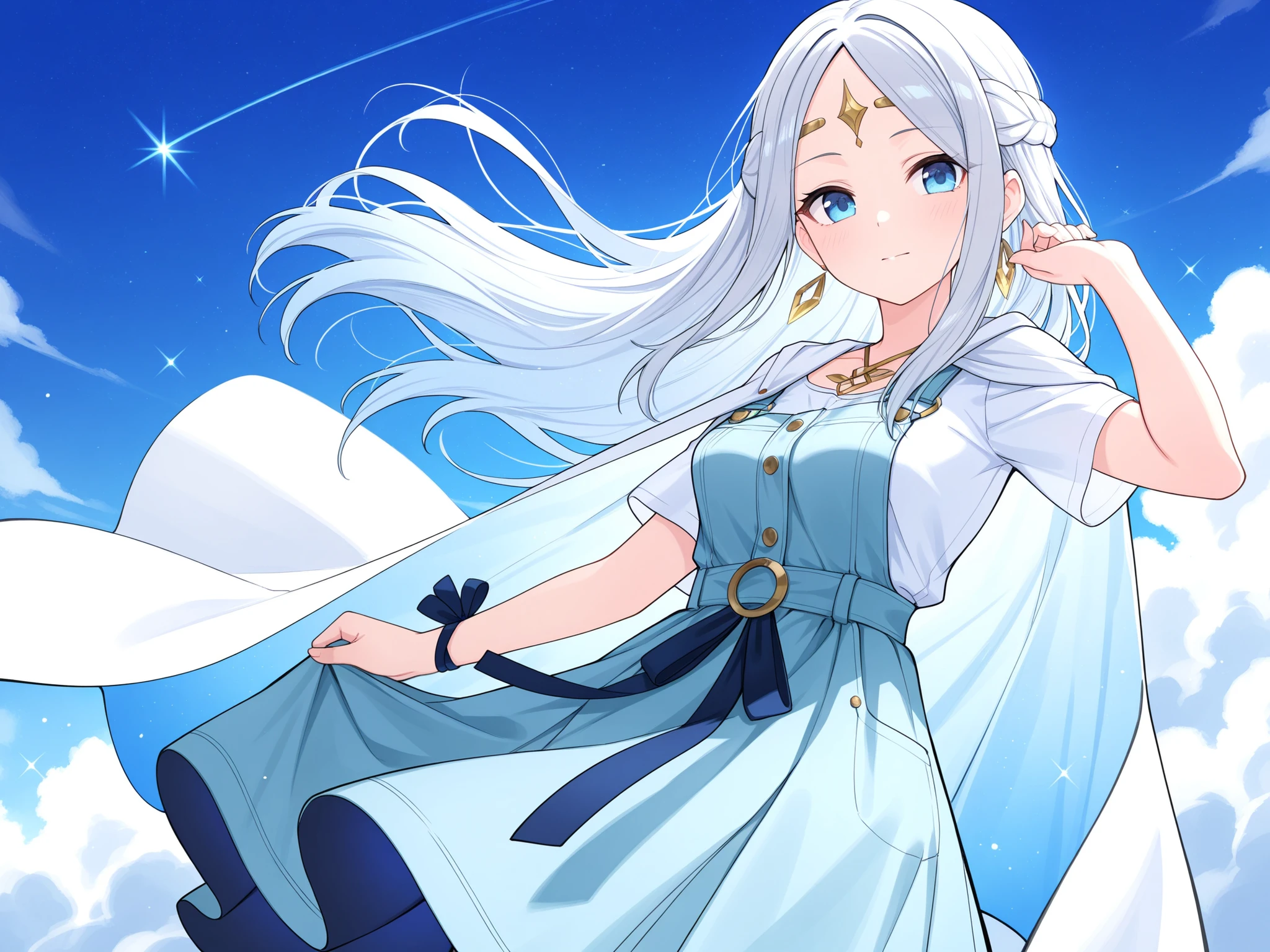 Anime Girl,Wearing a light blue dress,skirt like flowing clouds,A calm and determined charm,with a transparent、cape with glitter particle effects。
Accessories:wears a crystal with a shining shimmer of light on her forehead,Two silver hair bands that are as light as clouds hang down the sides of her ears,wears a blue silk band symbolizing the sky around her waist。
Color:. The main colors are sky blue and silver white,is complemented by light purple and a little bit of gold,The overall presentation is fresh、, and an elegant and powerful visual feeling。
Overall style :The overall image is flowing and dynamic,Like a messenger with the sky and power,, her eyes are gentle and focused ,It also has a strong atmosphere,exudes a calm and firm charm。