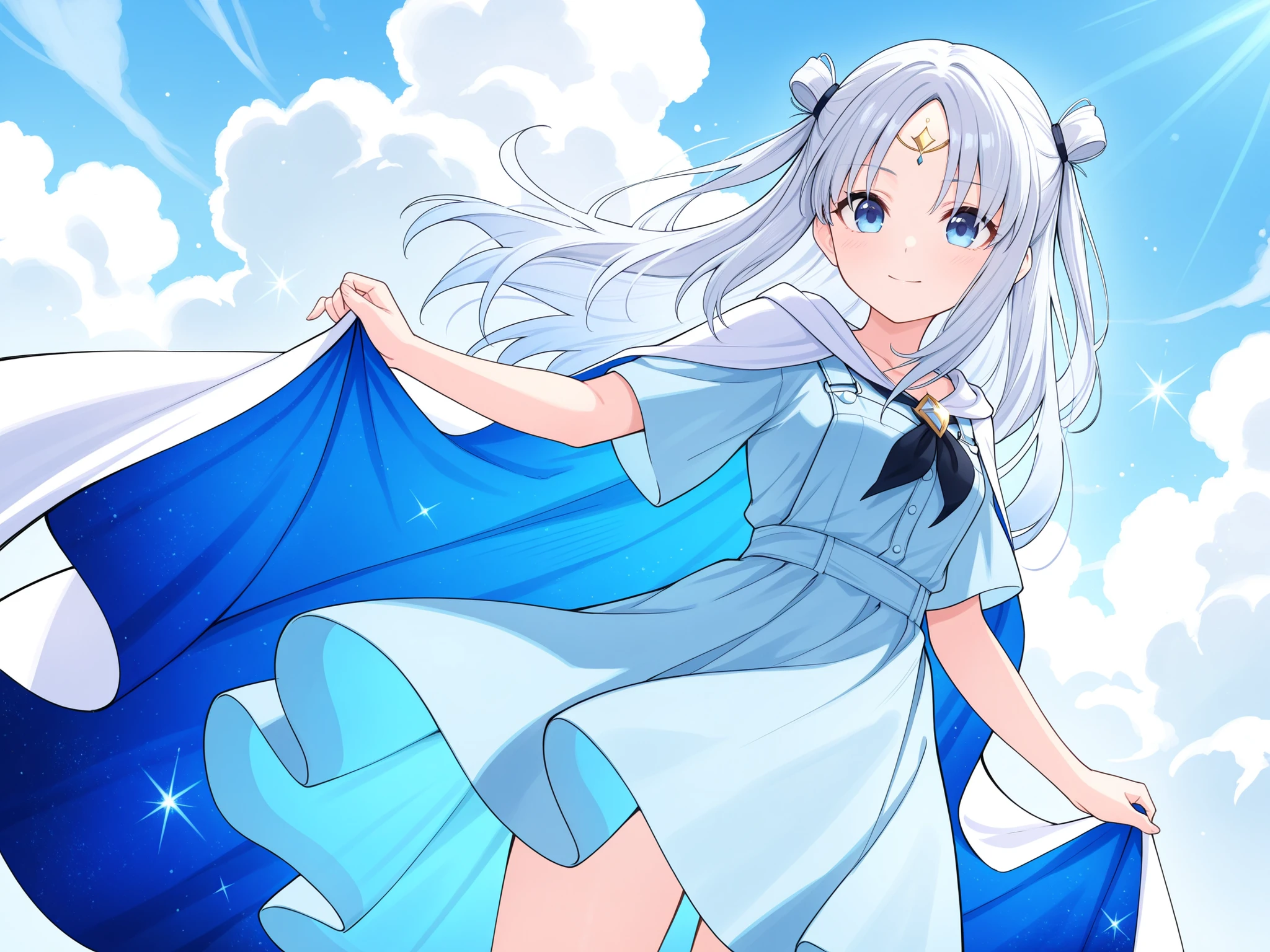 Anime Girl,Wearing a light blue dress,skirt like flowing clouds,A calm and determined charm,with a transparent、cape with glitter particle effects。
Accessories:wears a crystal with a shining shimmer of light on her forehead,Two silver hair bands that are as light as clouds hang down the sides of her ears,wears a blue silk band symbolizing the sky around her waist。
Color:. The main colors are sky blue and silver white,is complemented by light purple and a little bit of gold,The overall presentation is fresh、, and an elegant and powerful visual feeling。
Overall style :The overall image is flowing and dynamic,Like a messenger with the sky and power,, her eyes are gentle and focused ,It also has a strong atmosphere,exudes a calm and firm charm。